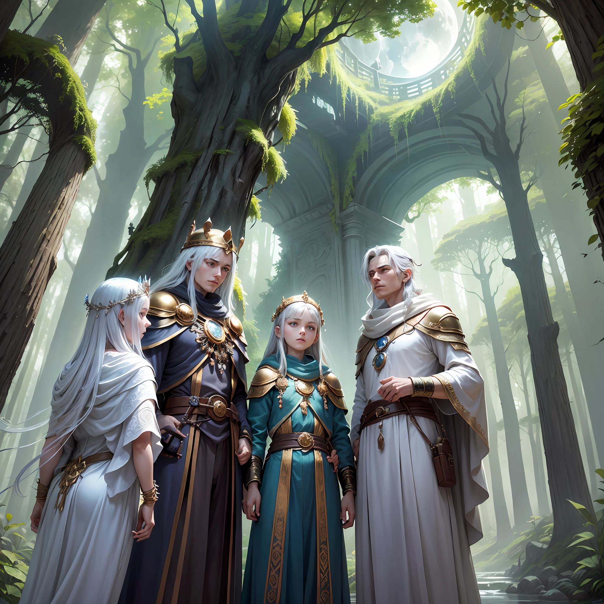: The Encounter with the Guardians of the Moon

Thomas, accompanied by his new allies, advanced beyond the mountains, entering an unknown region full of mysteries. On their way, they came across a dense forest, where centuries-old trees towered towering, forming a verdant canopy that obscured the sunlight.

As they explored the forest, the group felt a peculiar energy that seemed to vibrate in the air. They passed through shimmering streams and moss-covered trails, until they finally came to an open clear. There, in the moonlight filtered through the treetops, they spotted a magnificent building: a celestial temple carved out of white stone.

The temple seemed to float in the air, emanating an aura of peace and wisdom. Thomas and his companions approached cautiously, feeling enveloped by a sense of awe. As they walked through the imposing bronze doors, they were greeted by an imposing figure: the Guardians of the Moon.

The Guardians of the Moon were ancestral beings, with silver robes and crowns adorned with precious stones. Their eyes shone like stars and their voices echoed with a soft, enchanting melody. They were the protectors of cosmic knowledge, guardians of the secrets of the moon and the mysteries of the universe.

Thomas and his companions felt honored before the Guardians of the Moon, who recognized the young boy's bravery and determination. The Guardians revealed to him the --auto --s2