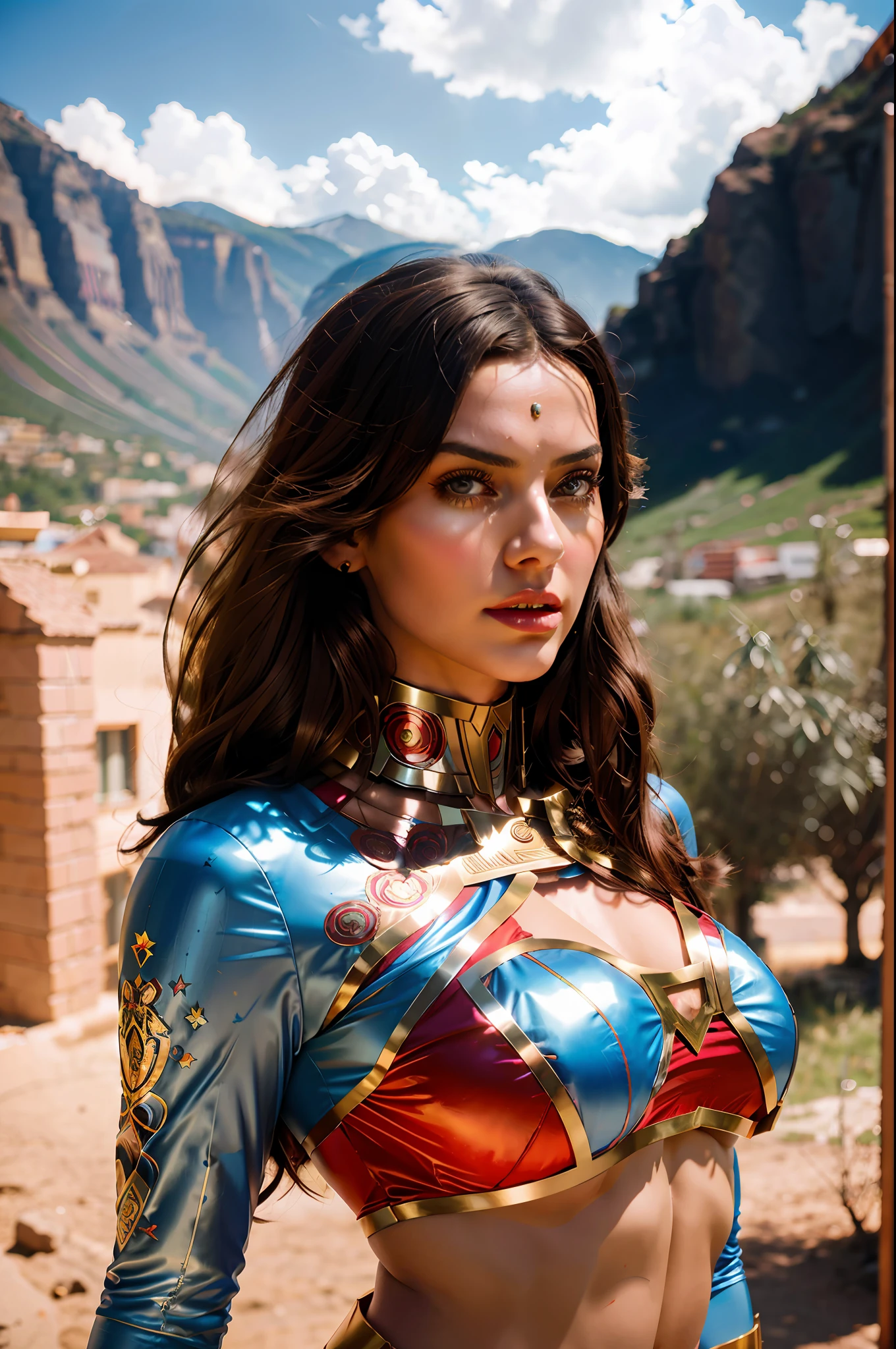 beautiful photo of goddess woman, wearing a superwoman costume, A stunning intricate full color photo of (sks woman:1) breasted, epic character composition, by ilya kuvshinov, alessio albi, nina masic, sharp focus, natural lighting, subsurface scattering, f2, 35mm, film grain,