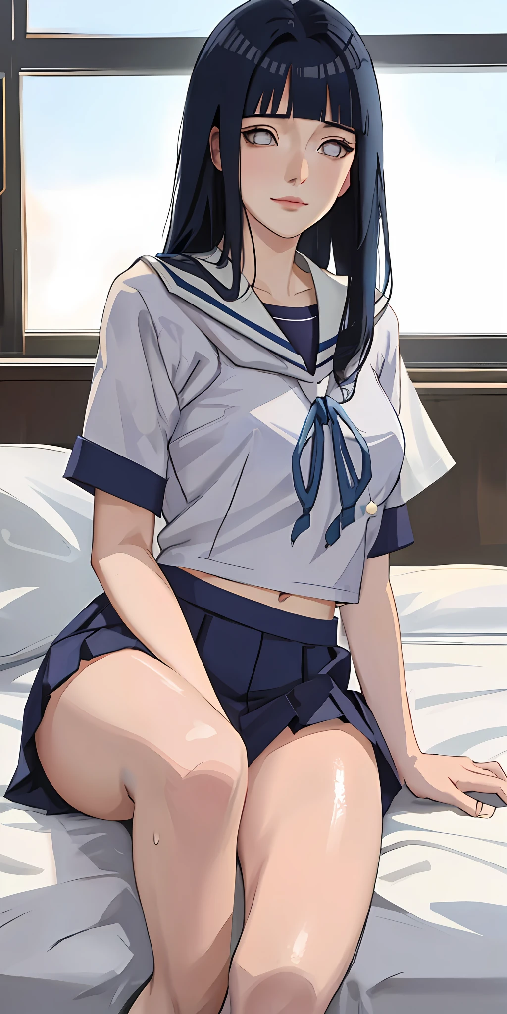 highres, ultra detailed), masterpiece, hinata\(boruto\), solo, 1girl,medium breasts, (((high school))), ((((high school attire)))), smile, (((long hair))), blink blink effect, (((detailed lips))), knee crop, school building, from side, (((dark blue hair))) lying in bed, looking at someone far away, cute face, young, (((white top))), open legs, sexy, sweaty, moaning