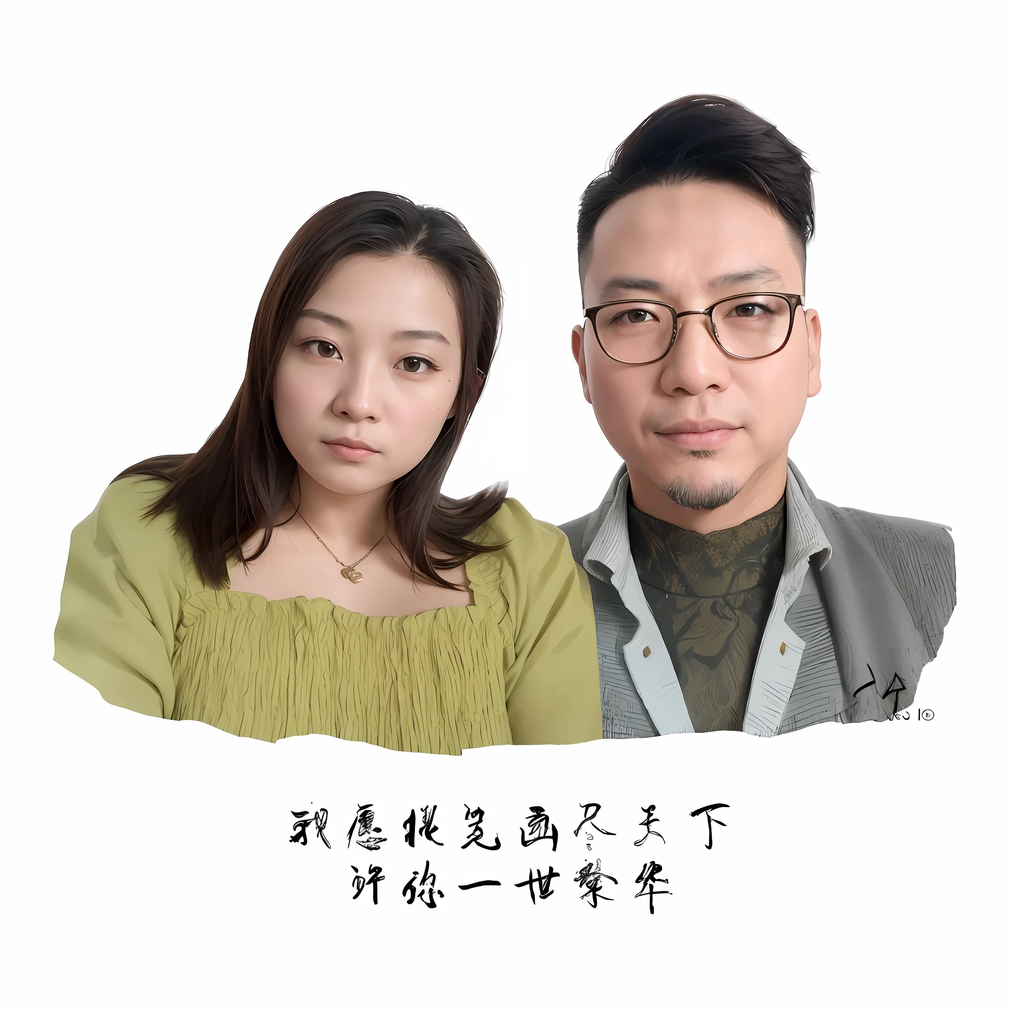 there are two people that are posing for a picture together, ruan jia and fenghua zhong, 中 元 节, overlaid with chinese text, portrait of two people, yanjun chengt, art cover, 千 葉 雄 大, album art, album art cover