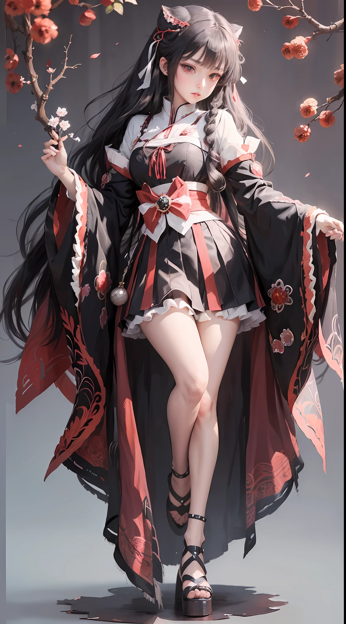 masterpiece, best quality, 1girl,houraisan kaguya, jeweled branch of hourai,branch,black hair,long hair,red eyes,skirt, wide sleeves,grey background, eye contact, full body