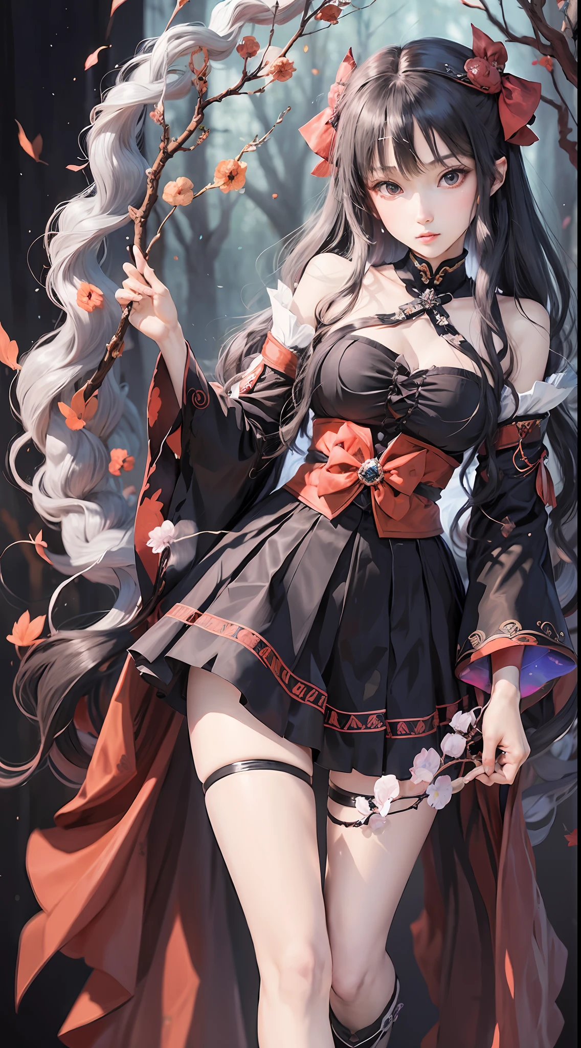 masterpiece, best quality, 1girl,houraisan kaguya, jeweled branch of hourai,branch,black hair,long hair,red eyes,skirt, wide sleeves,grey background, eye contact, full body