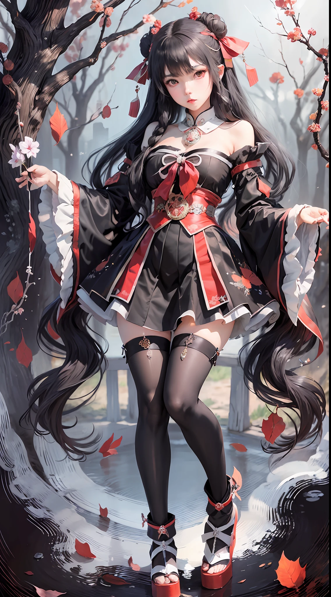 masterpiece, best quality, 1girl,houraisan kaguya, jeweled branch of hourai,branch,black hair,long hair,red eyes,skirt, wide sleeves,grey background, eye contact, full body