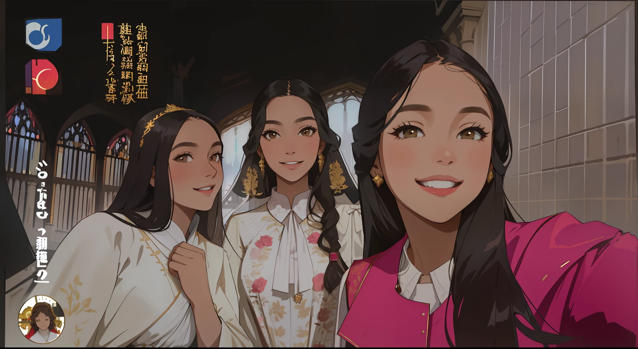 Three age women of elegance, wearing modern church dress, very detailed, perfect faces, cute, well detailed, long robes with golden adornments, neat and square shaped faces, smiles