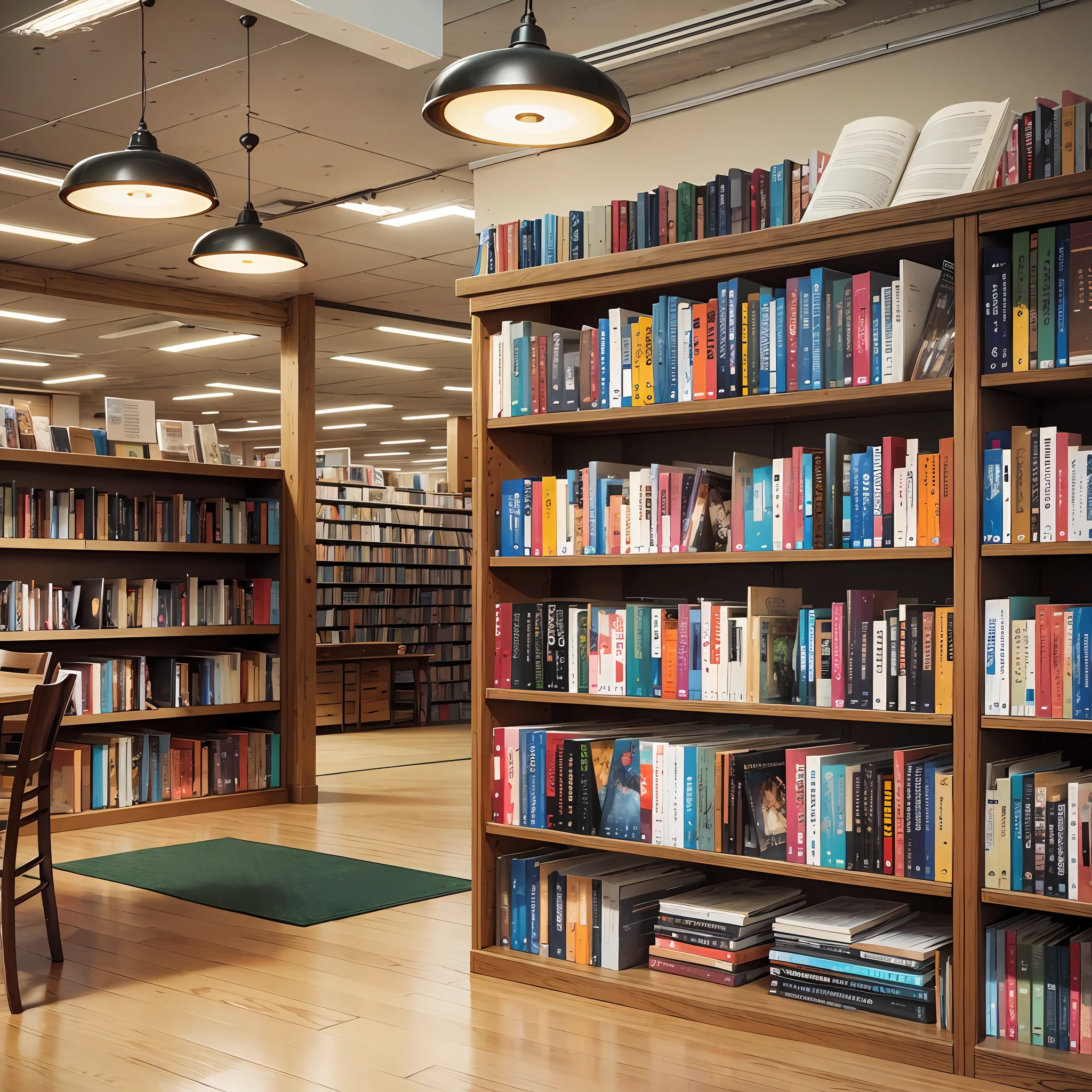 Create an image of the inside of a used book and magazine bookstore, with shelves loaded with magazines and books, a few empty tables and chairs --auto --s2