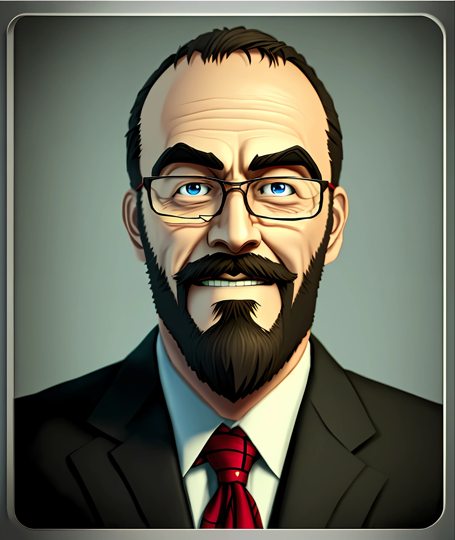 Man without toothpick beard and tie smiling, anime, realistic animation style