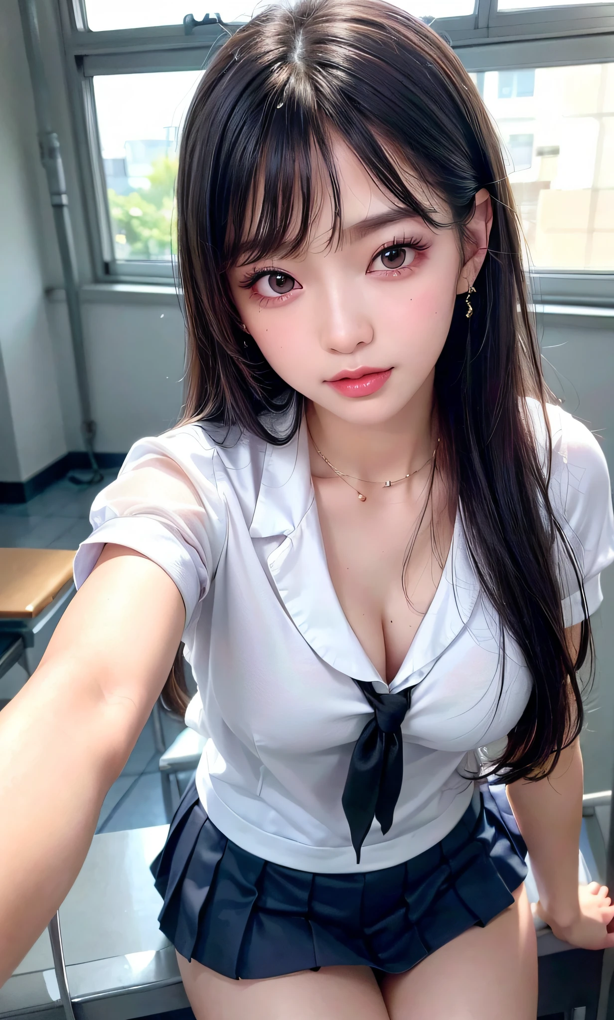 (8k, RAW photo, photorealistic:1.25) ,( lipgloss, eyelashes, gloss-face, glossy skin, best quality, ultra highres, depth of field, chromatic aberration, caustics, Broad lighting, natural shading,Kpop idol) looking at viewer with a serene and goddess-like happiness, highschool classroom, sailor uniform, mini skirt