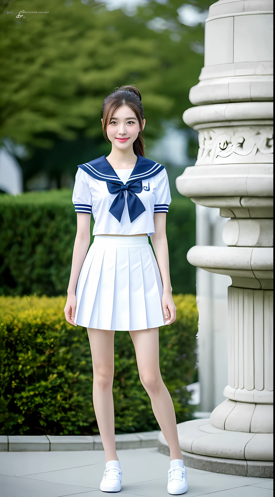 Realistic photos of shoulder length hair, ponytail, thin makeup, (small breasts), fountain, clear facial features, 8K high resolution, sharp and realistic details, full body, high school uniform, white skin, white sailor suit, mini skirt, pleated skirt, f/4.0, 135mm, fujifilm, jpeg artifact, dithering, UHD, masterpiece, wind, cherry, blur,