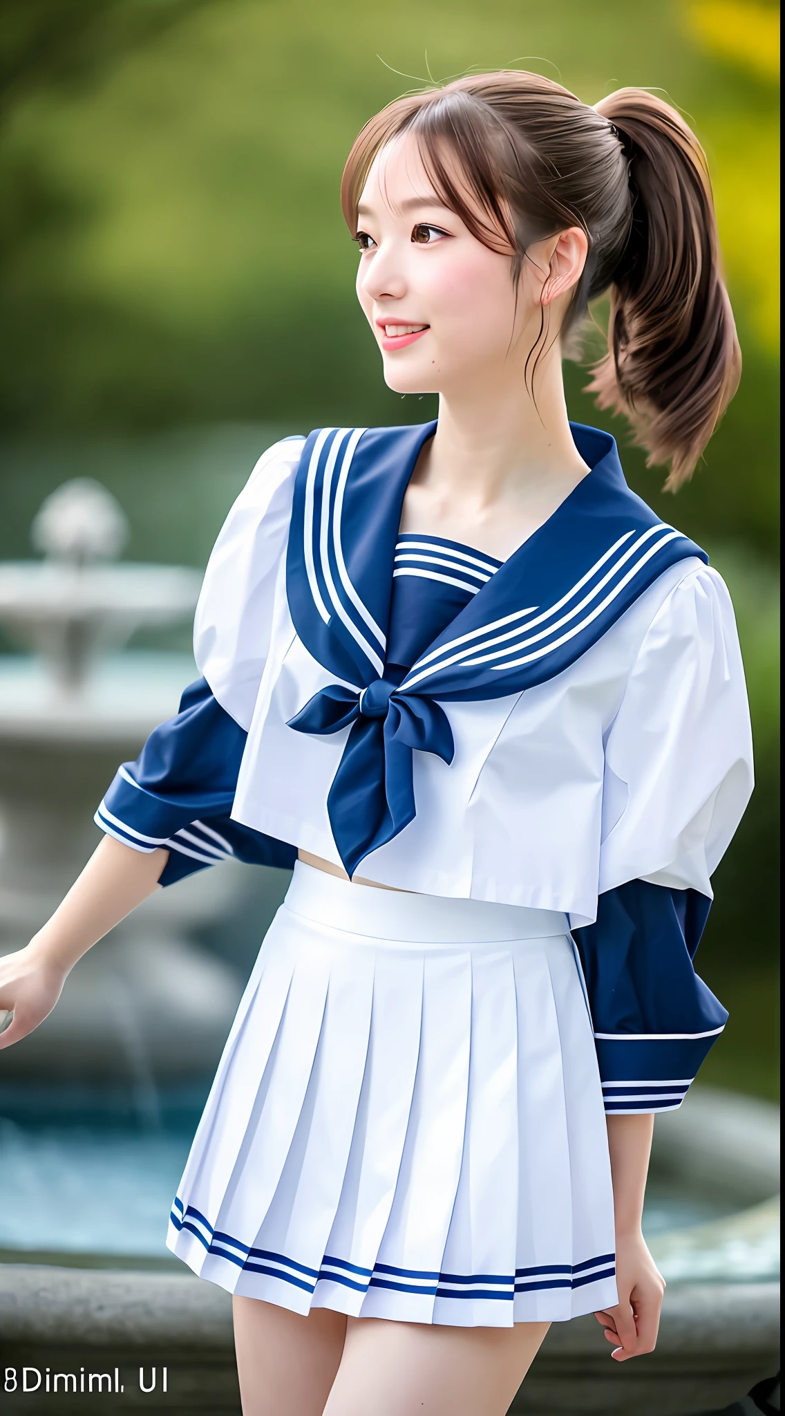 Realistic photos of shoulder length hair, ponytail, thin makeup, (small breasts), fountain, clear facial features, 8K high resolution, sharp and realistic details, full body, high school uniform, white skin, white sailor suit, mini skirt, pleated skirt, f/4.0, 135mm, fujifilm, jpeg artifact, dithering, UHD, masterpiece, wind, cherry, blur,