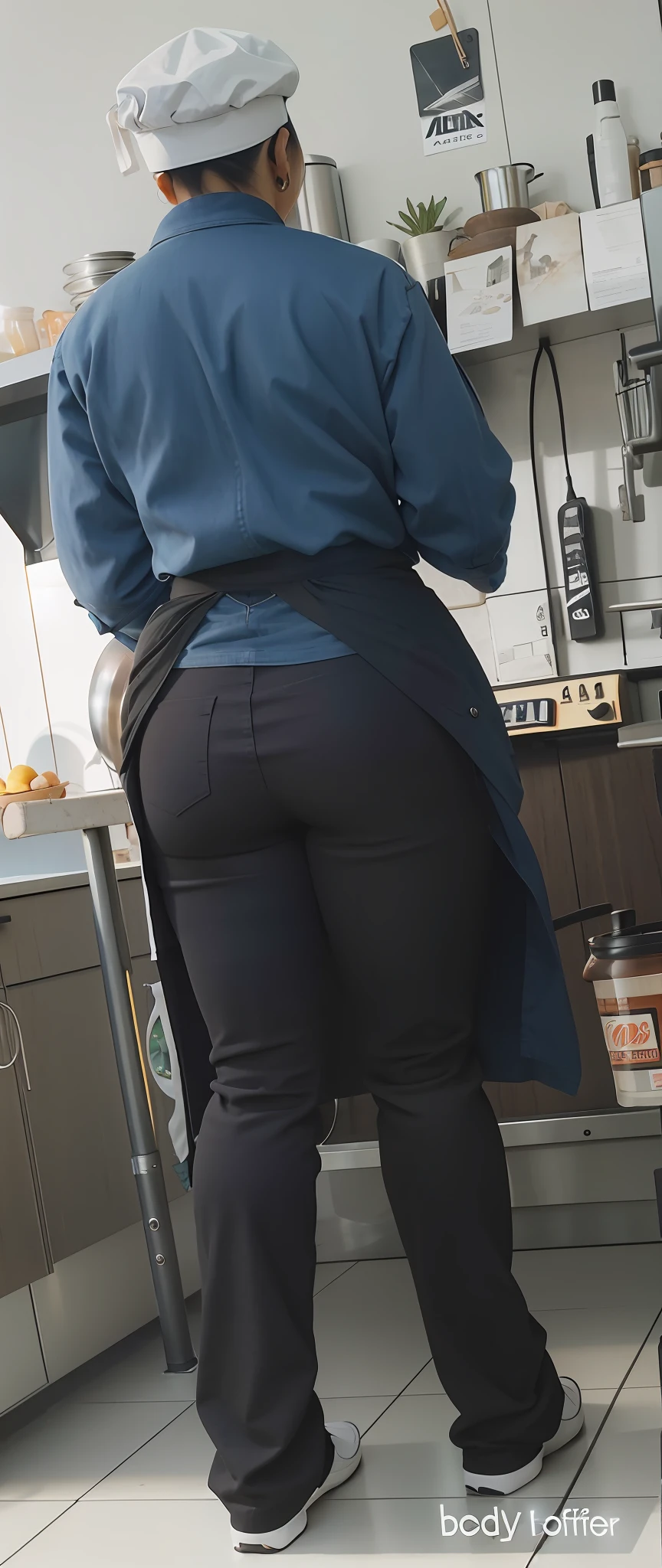 There is a sexy woman standing in a kitchen with a big pan, very tight clothes, white skin, white skin, sensual posture, black fabric pants wide leg, big butt, slim back, feminine, apron in front discovering back, uhd candid photo of dirty jeans and extremely tight blacks, toned derriere, (SFW) safe for work, close-up from behind, crouched, somewhat inclined, image from behind, shot from behind, seen from behind, seen from behind, rear shot, burgundy blue chef's jacket, wide leg pants, very tight clothes, black apron, white chef's hat, big booty, thin waist, brown hair, thick hips, back, photorealistic, photo, masterpiece, realistic, realism, photorealism, photorealism, photorealism, high contrast, photorealistic, photorealistic digital art trend on Artstation 8k HD HD realistic detailed, detailed, skin texture, hyper detailed, realistic skin texture, best quality, ultra high resolution (photorealistic: 1.4), high resolution, detailed, raw photo, sharp re, by Lee Jeffries Nikon D850 film Stock Photography 4 Kodak Portra 400 camera F1.6 lens rich colors realistic texture hyper-realistic dramatic lightingEngine trend in ArtStation CineStill 800,