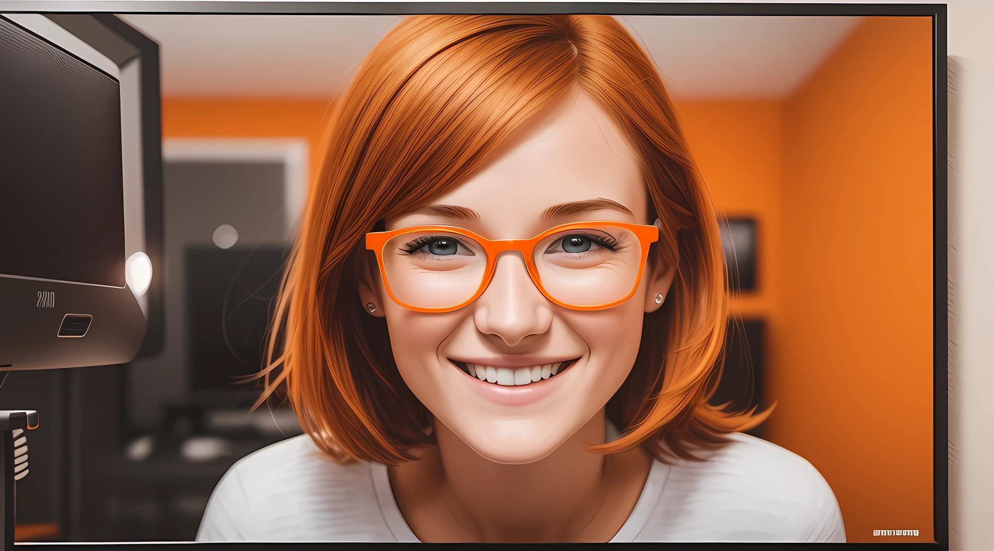 a character 27 year old woman wearing beautiful orange glasses and smiling wearing a plain orange knit t-shirt, very short and spiky orange brown hair, working an advertising agency with orange walls, blurred background, looking at the monitor of an iMac, smiling, cinematic lighting, shallow depth of field, 8k uhd, dslr, 35 mm 1.8 lens, masterpiece, high quality, photorealistic, realism, hyperrealism, art photography --auto --s2