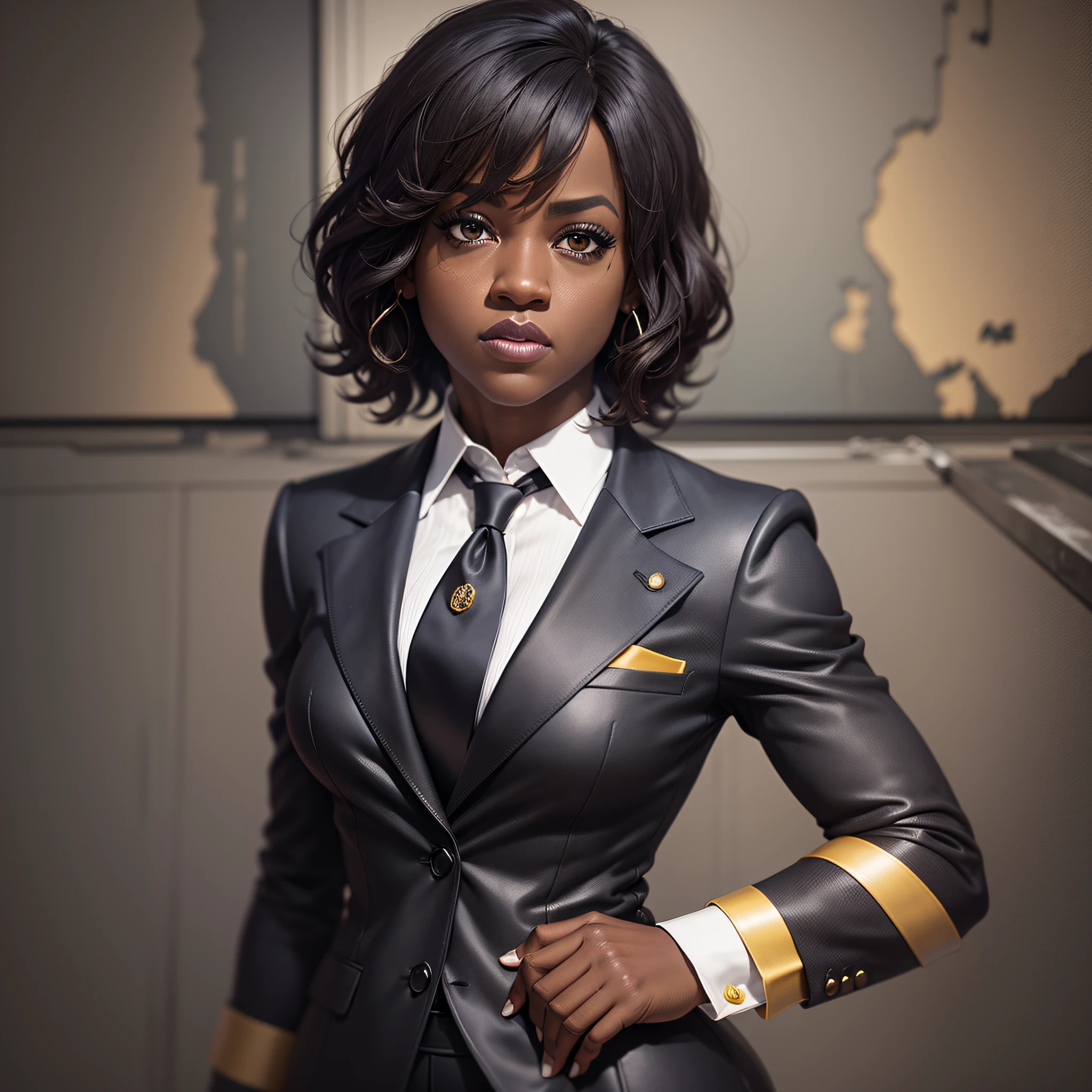 Viola Davis standing with her mouth sewn up, showing the entire body of designer suit,jewelry and tie dark photo: realistic epic, distant portrait, sunglasses, black eyes,black, black hair, yellow gradient, black, brown and magenta color scheme, grunge aesthetic!!! War wall background, art and artgerm, soft cinematic light, adobe lightroom, photo lab, blurred background --auto --s2
