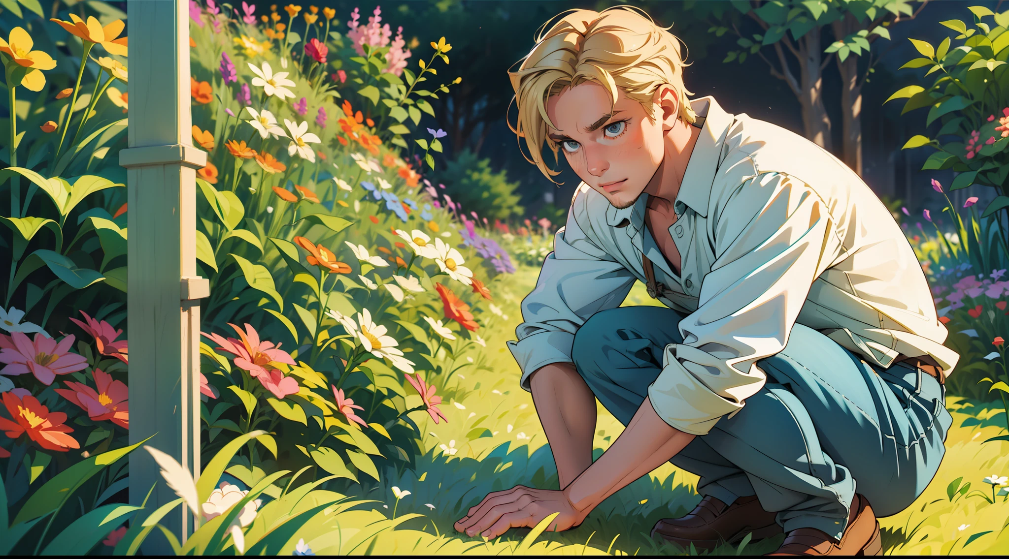 A gardener, man, middle-aged, blond, working crouched, perfect eyes, looking at the ground, nice face, in the field, vegetable garden, best quality, masterpiece, daylight, cartoonish style, bloom, cinematic lighting, colorful