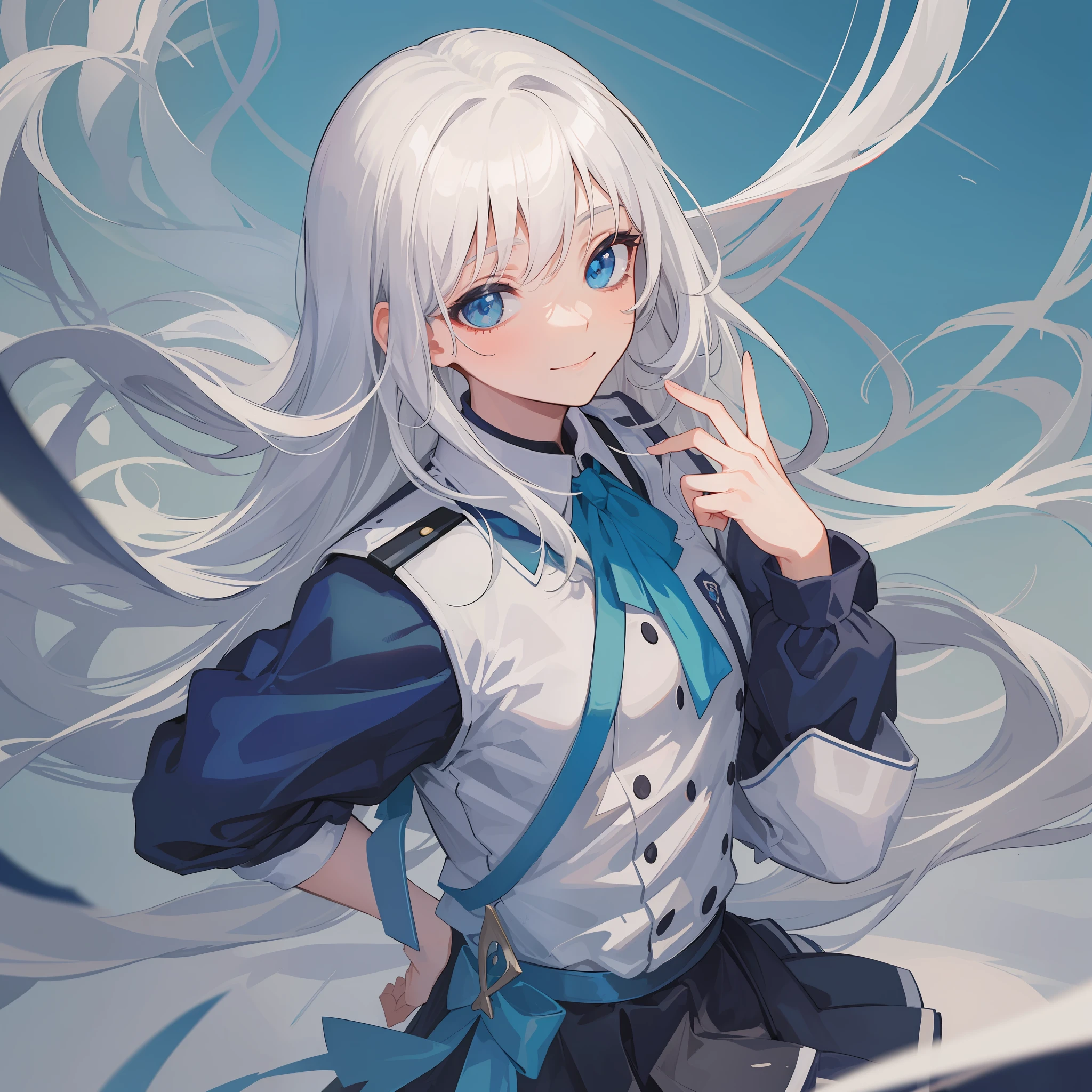 A beautiful highschool girl with white hair, blue eyes, wear highschool uniform, with harm smile