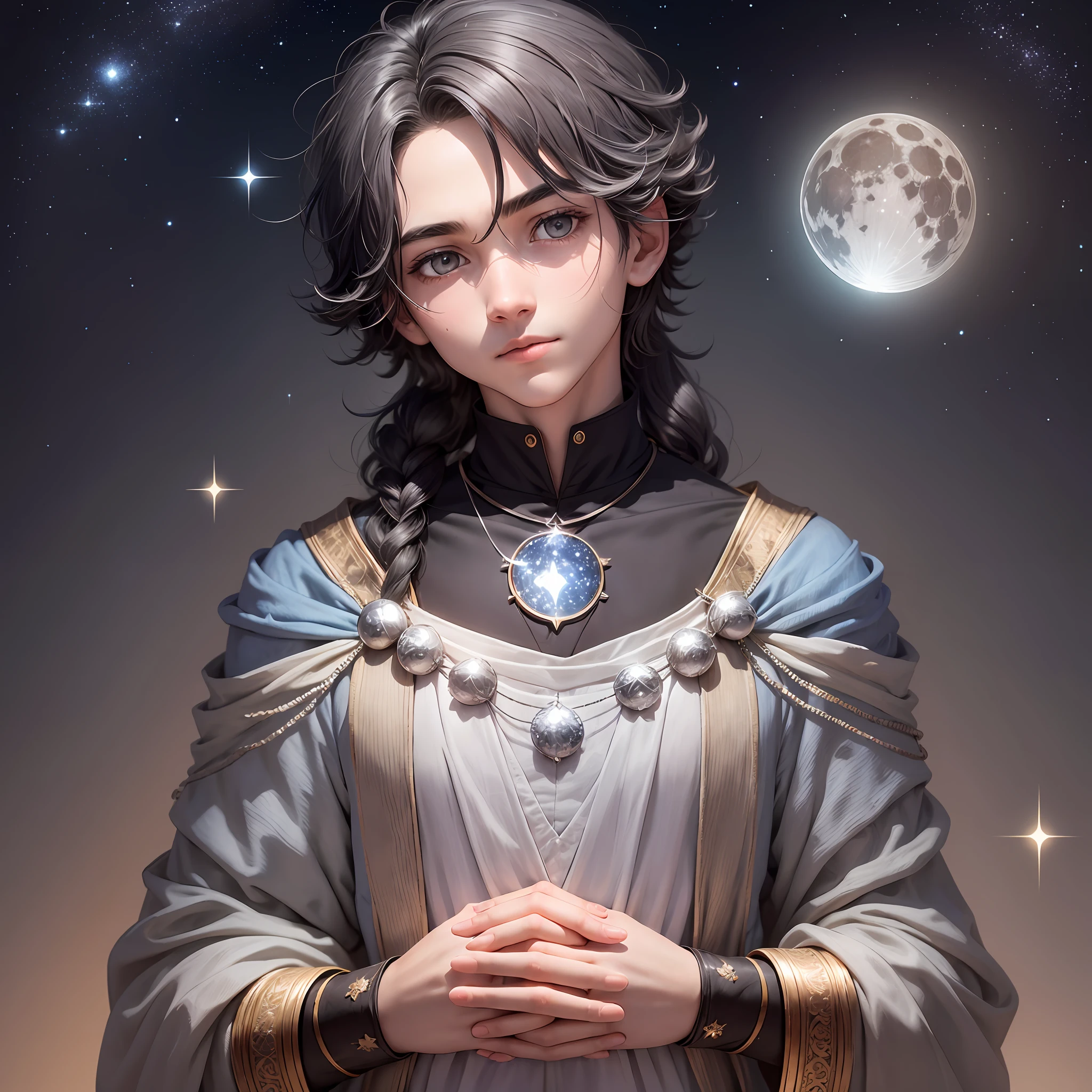 a boy named Thomas. He had hair black as night and curious eyes that shone like distant stars. But what really caught everyone's attention was the adornment he wore around his neck: a small silver moon. This mysterious moon was made of a bright and delicate material, and seemed to emit a soft silvery radiance. --auto --s2