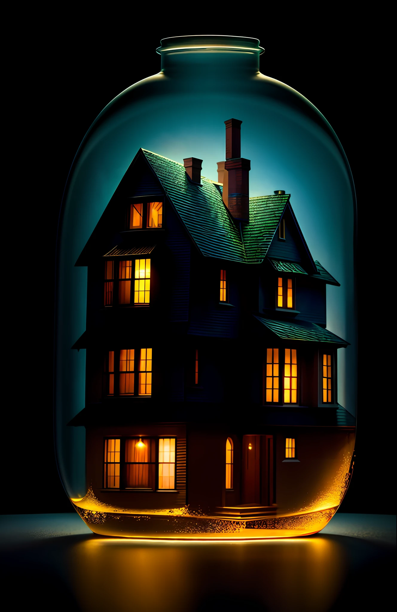 house in a bottle, fluffy, realistic, refraction of atmospheric light, by lee jeffries Nikon D850 film photography 4 camera kodak portra 400 lens f1.6 rich colors realistic texture hyper realistic lighting dramatic engine unreal trend in artstation cinestill 800, Style-Glass