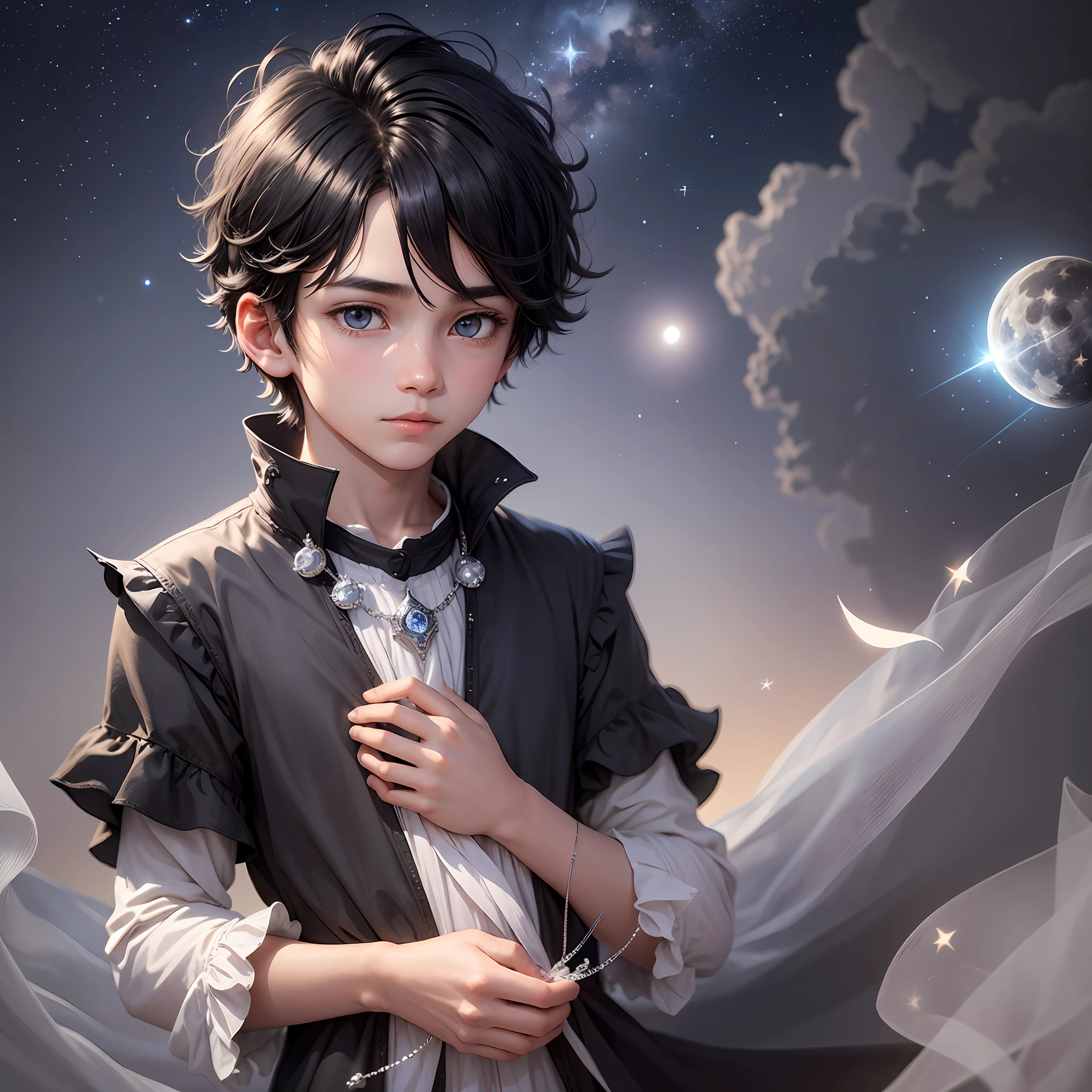 a boy named Thomas. He had hair black as night and curious eyes that shone like distant stars. But what really caught everyone's attention was the adornment he wore around his neck: a small silver moon. This mysterious moon was made of a bright and delicate material, and seemed to emit a soft silvery radiance. --auto --s2