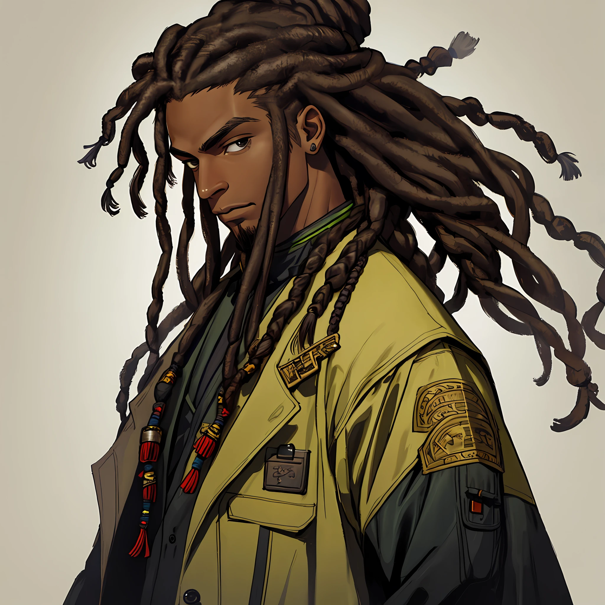 Solo, 1boy, hair dreadlocks, dark skin, coat, portrait
