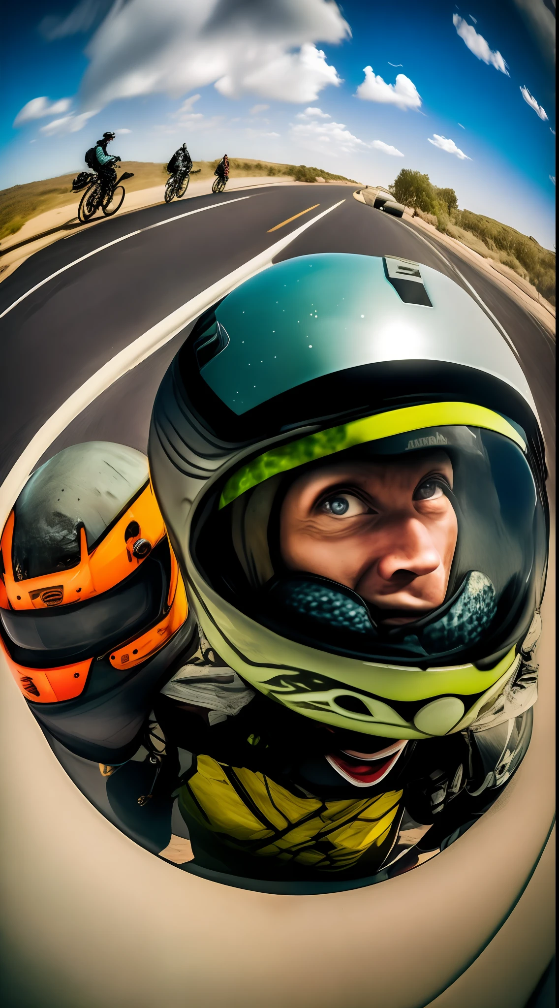 Fisheye, bikers with helmets, their faces wide open, happy, wide-aperture lens, close-up, asphalt track in the background, public