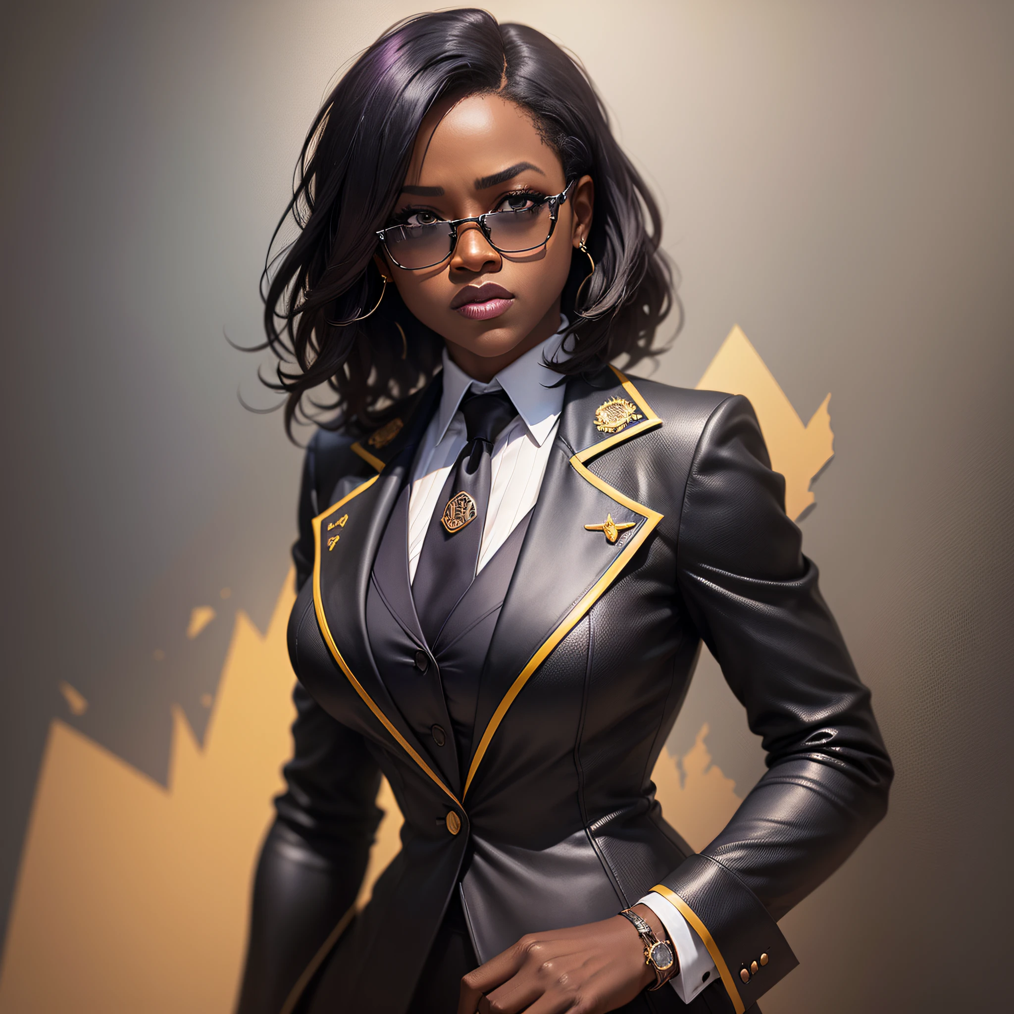 Viola Davis standing with her mouth sewn up, showing the entire body of designer suit,jewelry and tie dark photo: realistic epic, distant portrait, sunglasses, black eyes,black, black hair, yellow gradient, black, brown and magenta color scheme, grunge aesthetic!!! War wall background, art and artgerm, soft cinematic light, adobe lightroom, photo lab, blurred background --auto --s2
