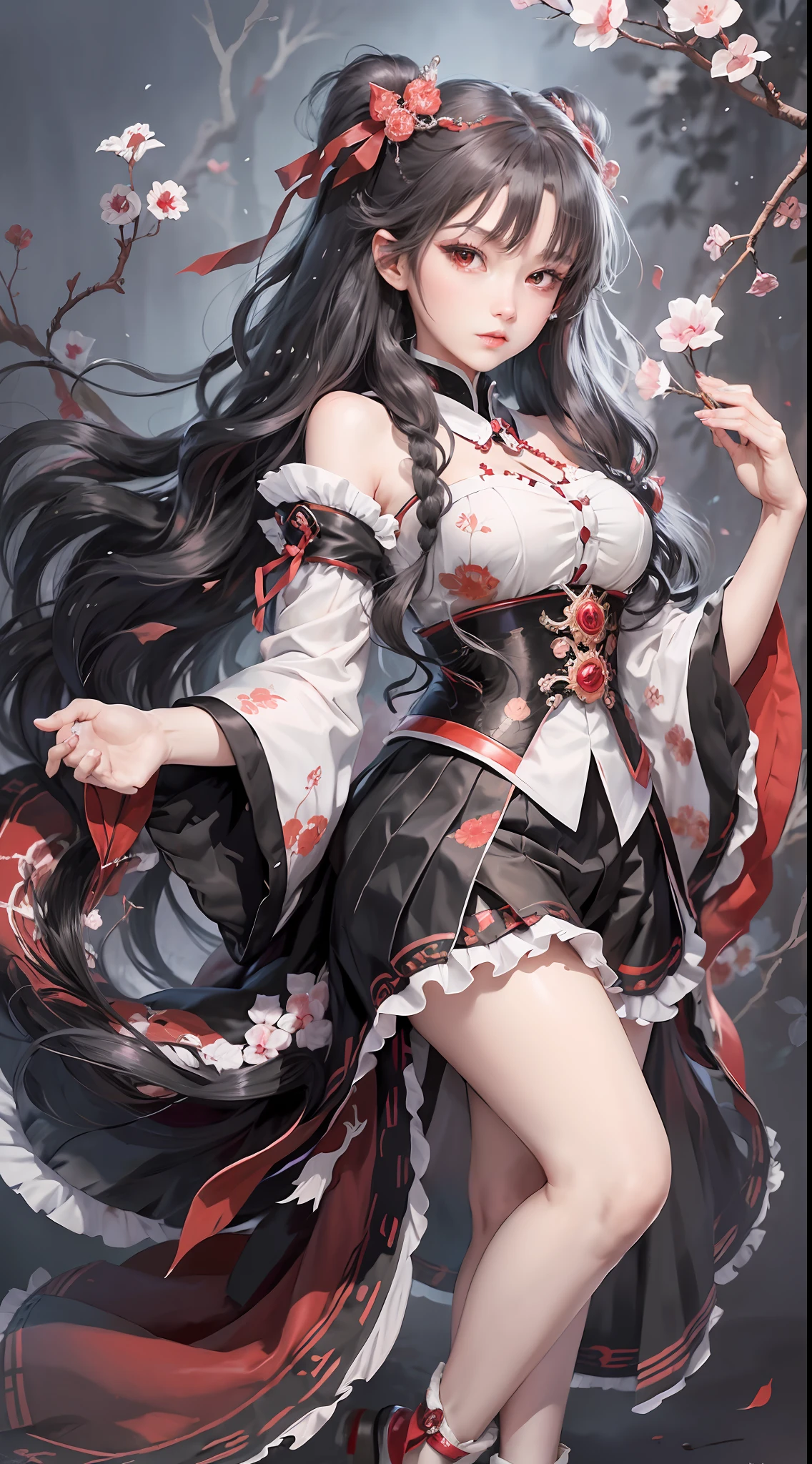 masterpiece, best quality, 1girl,houraisan kaguya, jeweled branch of hourai,branch,black hair,long hair,red eyes,skirt, wide sleeves,grey background, look viewer, (full body)