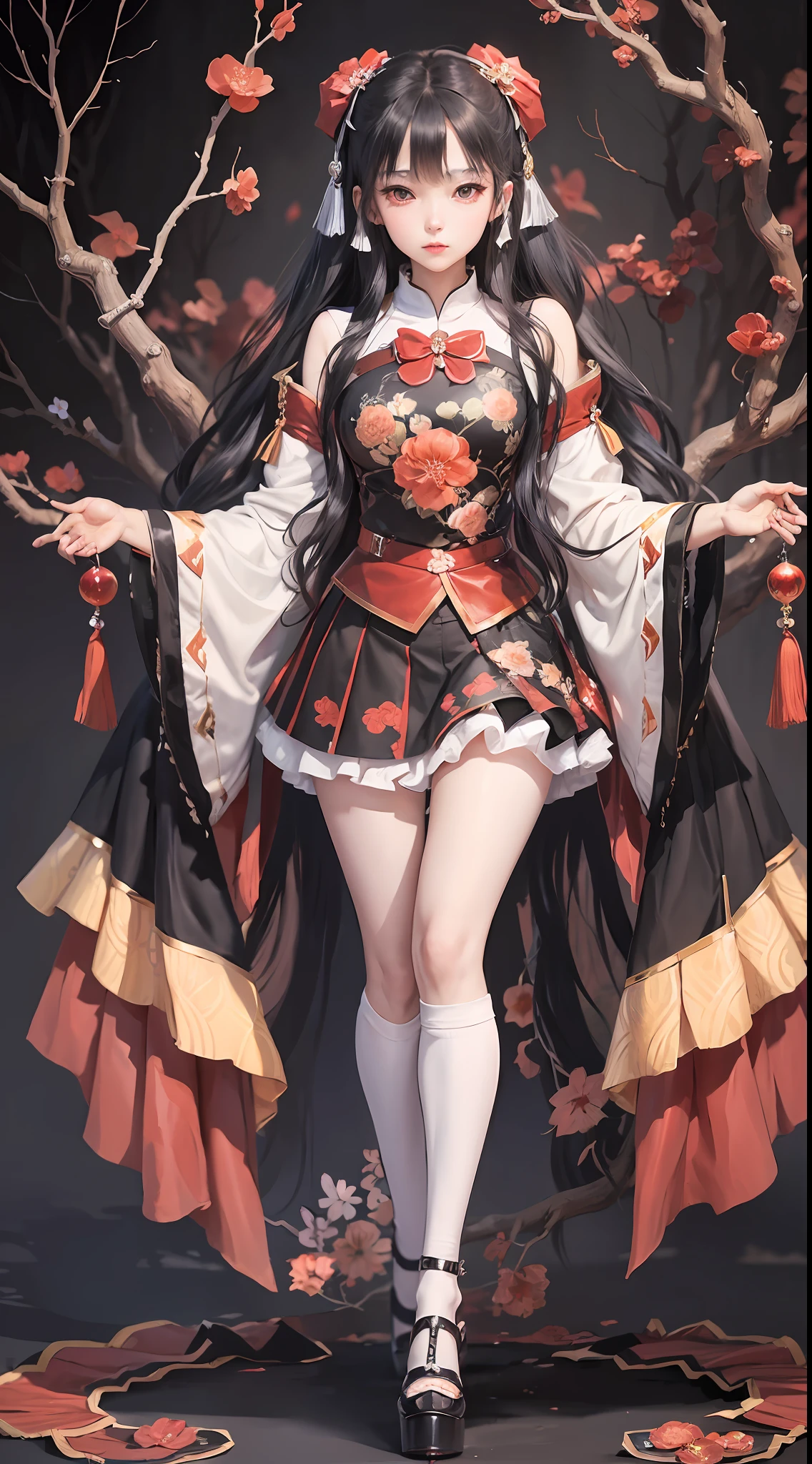 masterpiece, best quality, 1girl,houraisan kaguya, jeweled branch of hourai,branch,black hair,long hair,red eyes,skirt, wide sleeves,grey background, look viewer, (full body)