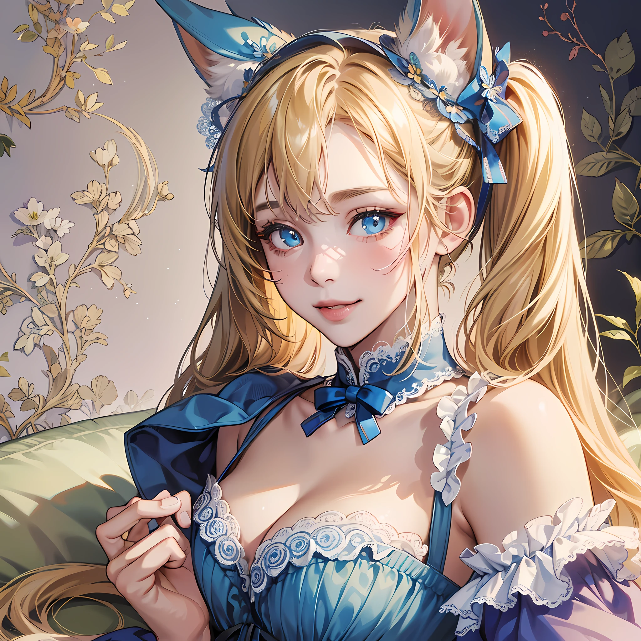 (hyperrealistic), (illustration), (high resolution), (8K), (extremely detailed), (best illustration), (beautiful detailed eyes), (best quality), (ultra-detailed), (masterpiece), (wallpaper), (detailed face), solo 1 girl, Lolita, smiling, big breasts, Bunny Girl, blue Eye, blonde hair, whole body, Lacy blue underwear, twin tail hair, on bed --auto --s2