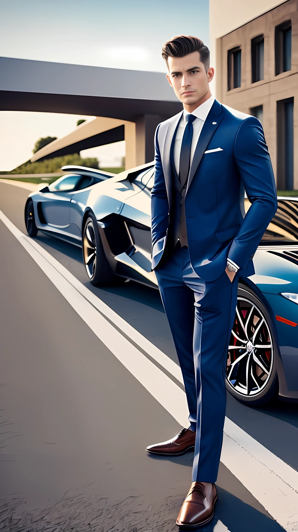 Ultra realistic man, 4K, brunette, in front of a sports car in suit and tie --auto --s2