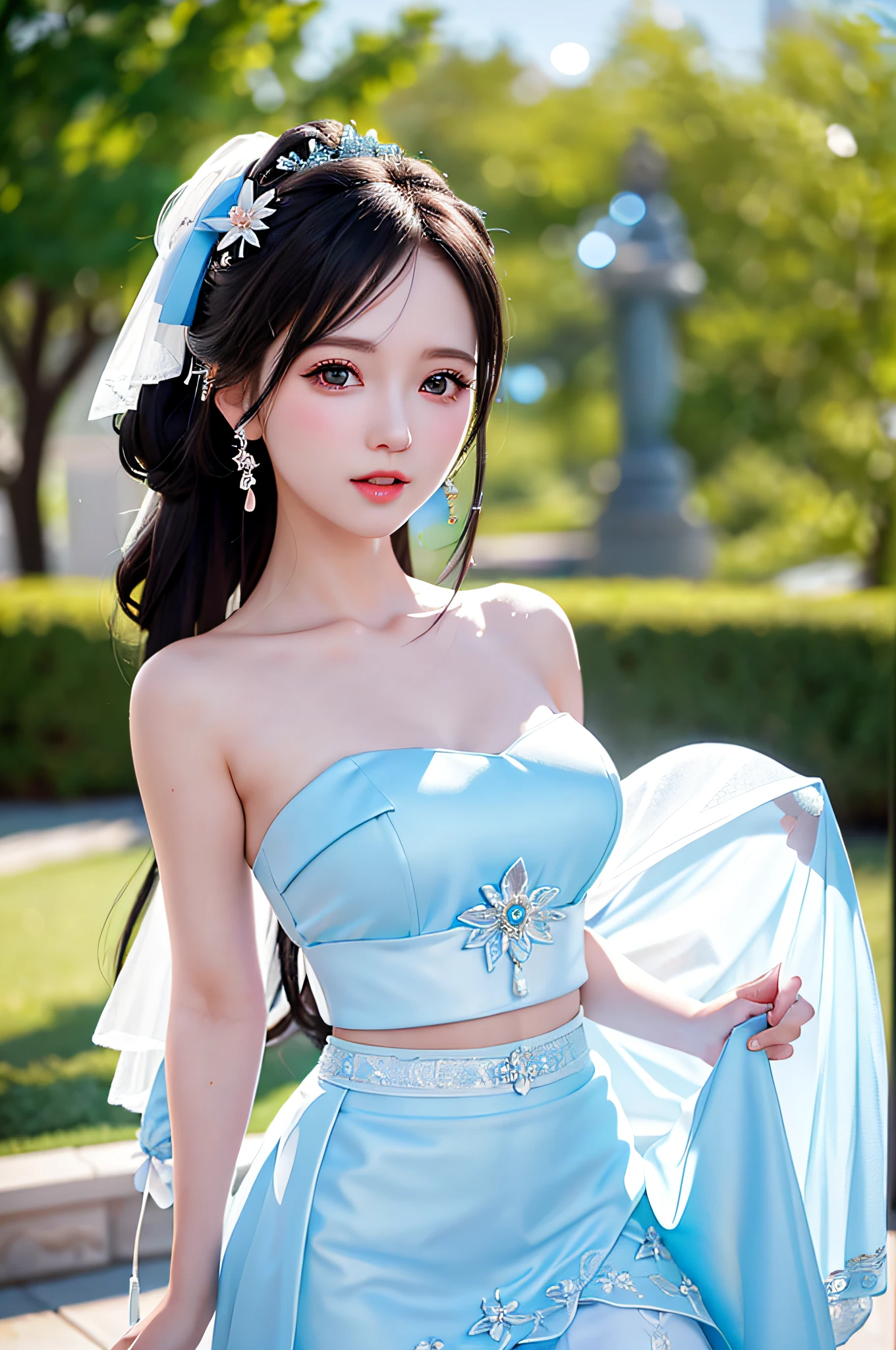 sky blue wedding dress,white mini skirt,kawaii, idol, (sweat:0.7),woman,japanese,exquisite face, beautiful face,bare shoulders,shoulders all exposed,translucent skin,black eyes,black hair,(photorealistic:1.4),realistic details, high resolution,bokeh,outstanding details