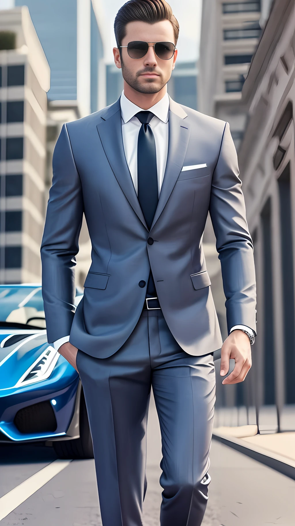 Ultra realistic man, 4K, brunette, in front of a sports car in suit and tie --auto --s2