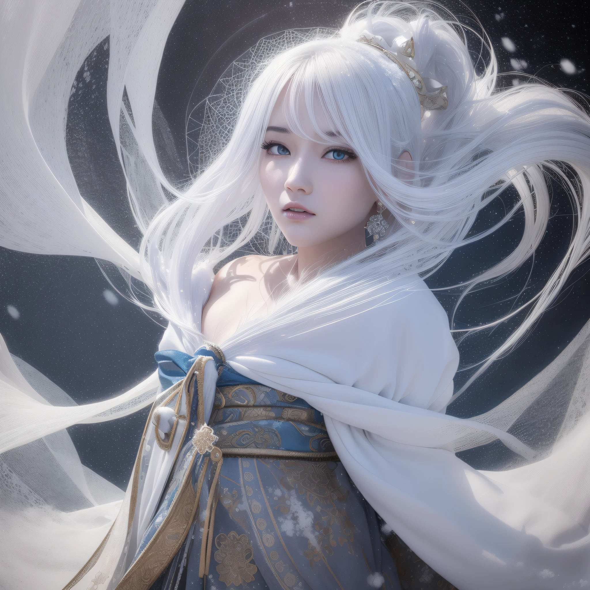 ((Snow and wind were blowing violently on the night of the blizzard)) appeared the snow spirit, The spirit is very beautiful, wearing a white kimono, the skin is translucent white, the hair is long and black, the eyes are blue and shining, and the strong wind is violently shaking the long black hair of the spirit, in the dark, only the genie is illuminated, very fantastic, the genie is snow-white and beautiful face, lonely pale face, eyes look lonely, white dragon in the background, Interweaving photorealistic and zentangle and mandala, watercolor, wet-on-wet or splatter technique, cowboy shot, center, perfect composition, abstract, surrealism, masterpiece, highest quality, ultra-detail, HDR, 8K