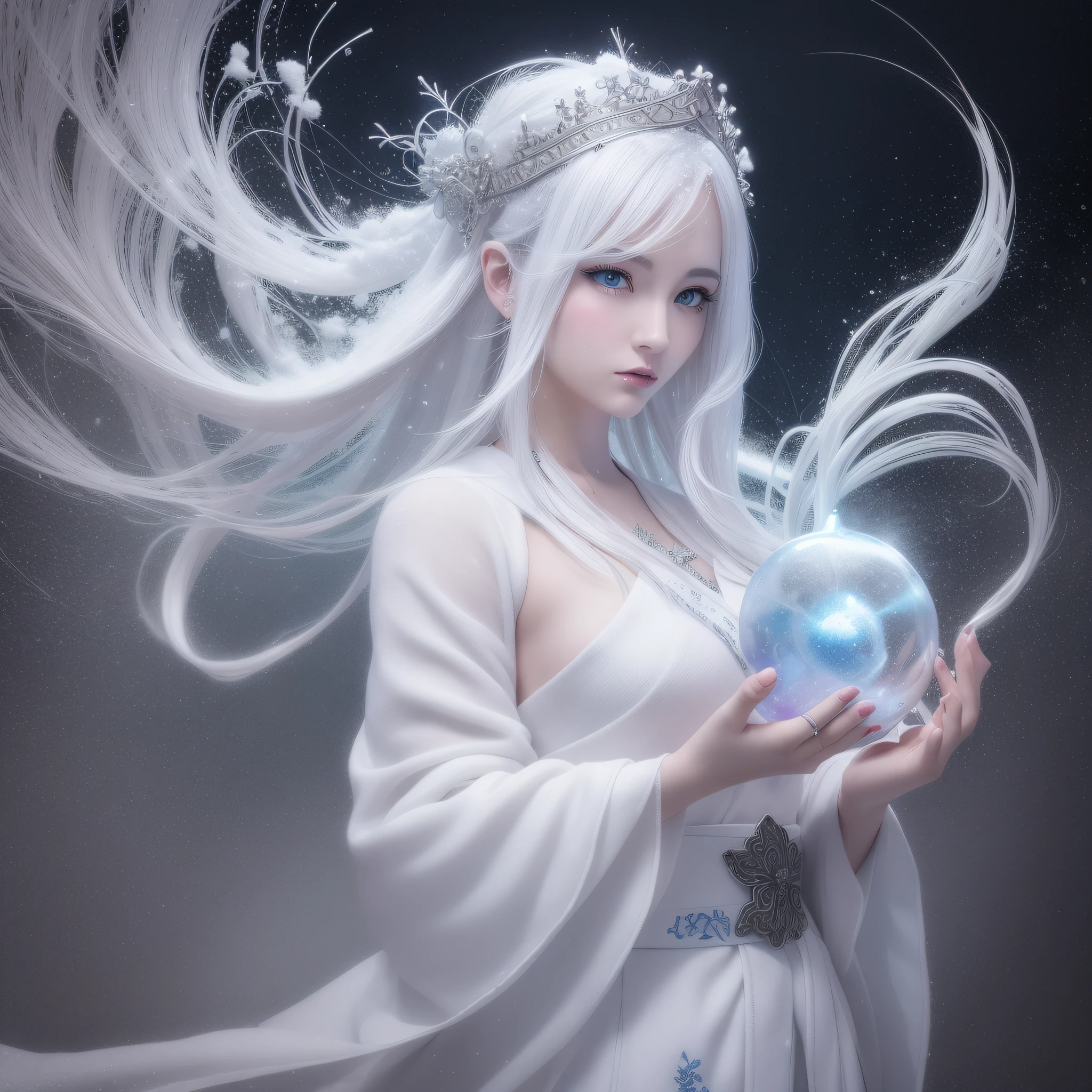 ((Snow and wind were blowing violently on the night of the blizzard)) appeared the snow spirit, The spirit is very beautiful, wearing a white kimono, the skin is translucent white, the hair is long and black, the eyes are blue and shining, and the strong wind is violently shaking the long black hair of the spirit, in the dark, only the genie is illuminated, very fantastic, the genie is snow-white and beautiful face, lonely pale face, eyes look lonely, white dragon in the background, Interweaving photorealistic and zentangle and mandala, watercolor, wet-on-wet or splatter technique, cowboy shot, center, perfect composition, abstract, surrealism, masterpiece, highest quality, ultra-detail, HDR, 8K