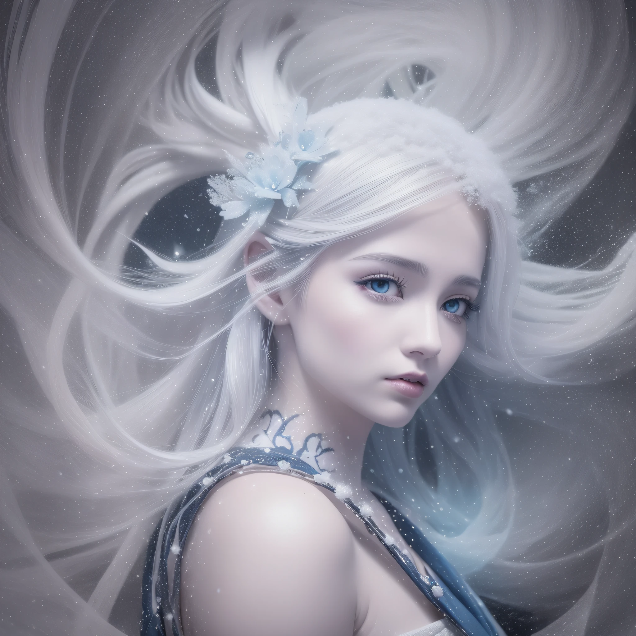 ((Snow and wind were blowing violently on the night of the blizzard)) appeared the snow spirit, The spirit is very beautiful, wearing a white kimono, the skin is translucent white, the hair is long and black, the eyes are blue and shining, and the strong wind is violently shaking the long black hair of the spirit, in the dark, only the genie is illuminated, very fantastic, the genie is snow-white and beautiful face, lonely pale face, eyes look lonely, white dragon in the background, Interweaving photorealistic and zentangle and mandala, watercolor, wet-on-wet or splatter technique, cowboy shot, center, perfect composition, abstract, surrealism, masterpiece, highest quality, ultra-detail, HDR, 8K