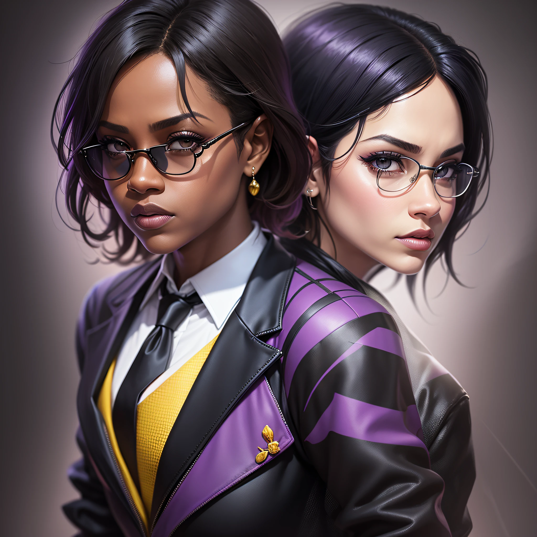 Viola Davis standing with her mouth sewn up, showing the entire body of designer suit,jewelry and tie dark photo: realistic epic, distant portrait, sunglasses, black eyes,black, black hair, yellow gradient, black, brown and magenta color scheme, grunge aesthetic!!! War wall background, art and artgerm, soft cinematic light, adobe lightroom, photo lab, blurred background --auto --s2