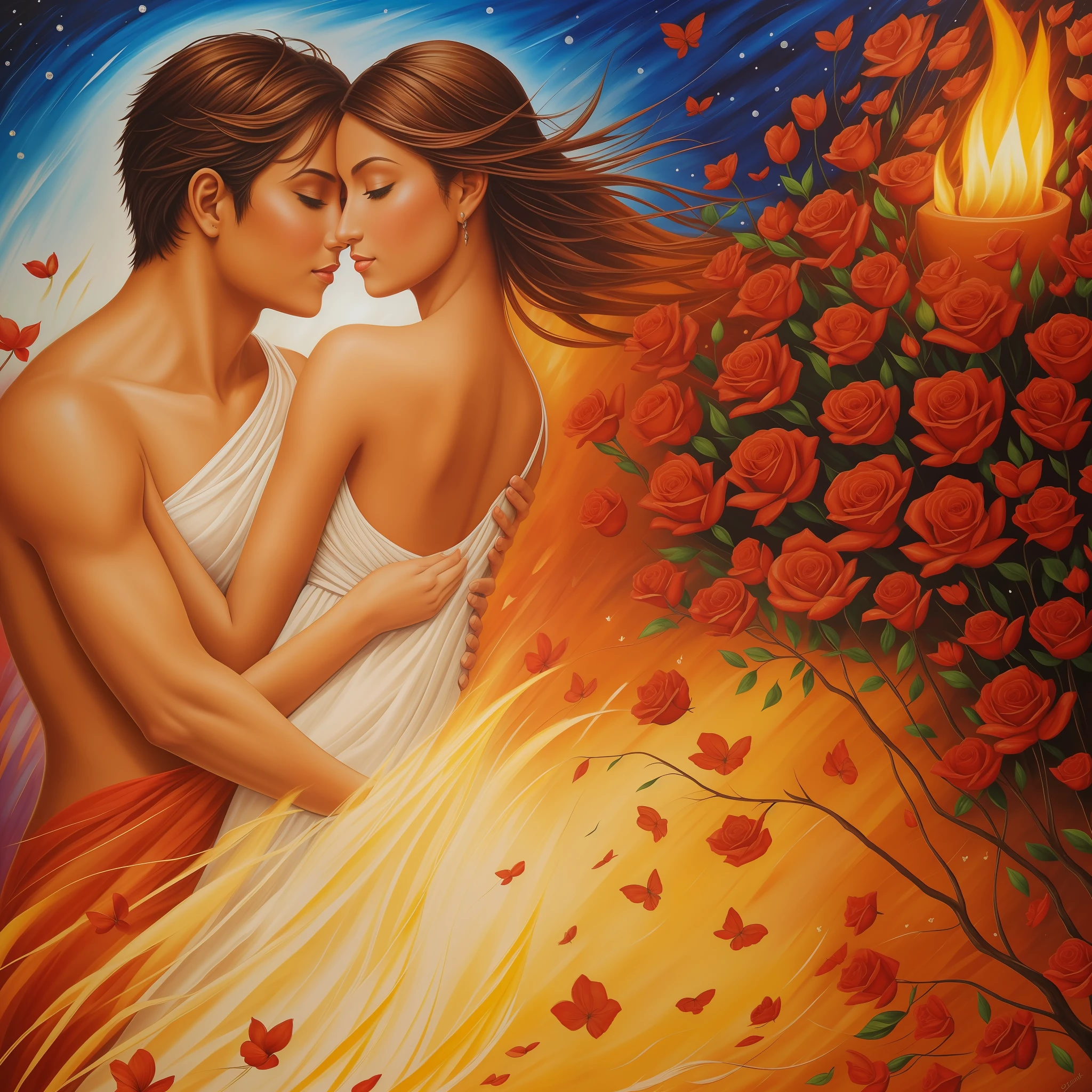 Create a painting that captures the essence of the letter "The Flame of Love" and conveys the passionate energy, deep connection and sensuality of love. Use a palette of warm, vibrant colors to represent the intensity and passion of the feeling.
In the center of the painting, represent a burning and radiant flame, symbolizing love in its purest and most powerful state. Paint the flame with shades of red, orange and yellow, gradually mixed together to create an effect of warmth and movement. Add details of light and brightness to convey the feeling of warmth and energy that the flame of love radiates.
Around the flame, paint elements that represent emotional connection and intimacy. For example, you can include the figure of a couple in a passionate dance or embraced in a gesture of affection and tenderness. Use soft, delicate brushstrokes to represent the contours of bodies and facial details that express the deep feelings between lovers.
Create an engaging setting that conveys a romantic atmosphere. Paint a starry sky or an idyllic landscape, such as a blooming garden, to represent the beauty and magic of love. Use soft tones and color transitions to create a warm and romantic atmosphere.
Add elements of symbolism that represent self-love and divine love. For example, you might include a picture of a person looking at themselves in the mirror, reflecting the importance of self-love and self-care. Also, add elements like rose petals or butterflies, which are symbols of transformation and renewal.
Finish the painting with soft brush strokes and texture details to create depth and expression. Add small touches of color at strategic points in the work to highlight the love and passion emanating from the central flame.