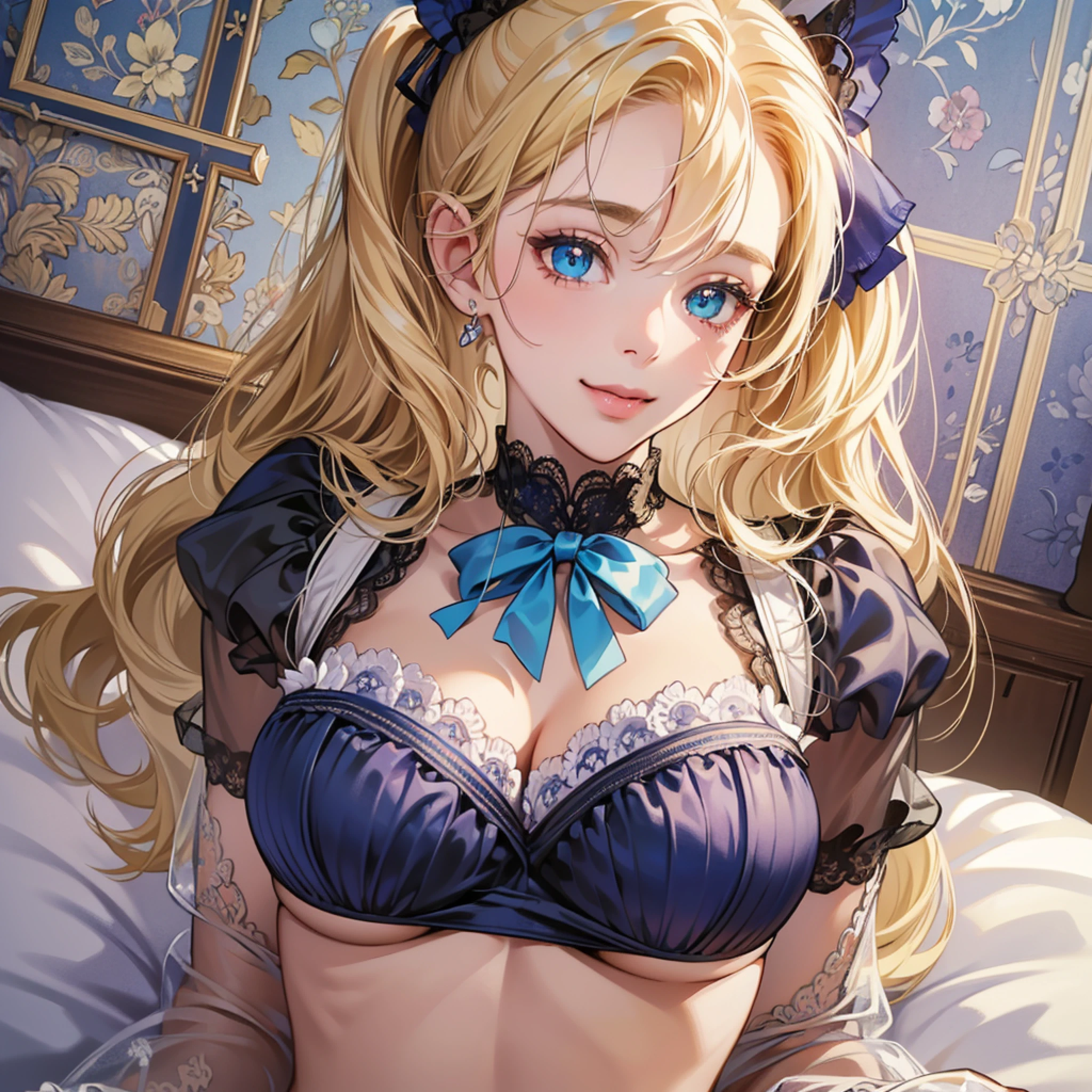 (hyperrealistic), (illustration), (high resolution), (8K), (extremely detailed), (best illustration), (beautiful detailed eyes), (best quality), (ultra-detailed), (masterpiece), (wallpaper), (detailed face), solo 1 girl, Lolita, smiling, big breasts, Bunny Girl, blue Eye, blonde hair, whole body, Lacy blue underwear, twin tail hair, on bed --auto --s2