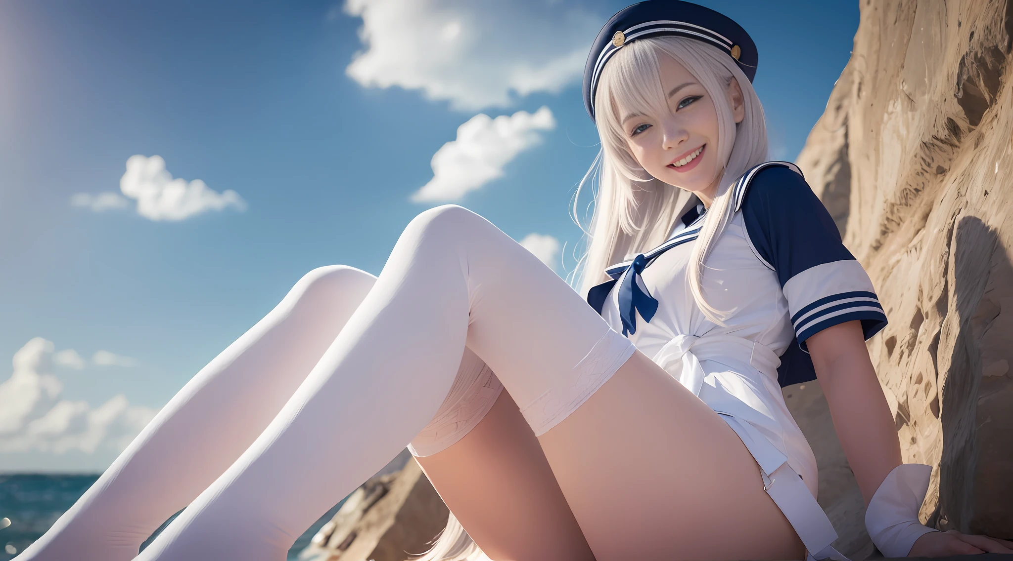 1 girl, sky, sea, laugh, medium breasts, white stockings, sailor suit, white hair, smile, ray tracing, best quality, masterpiece, uhd, anatomically correct, textured skin, high detail