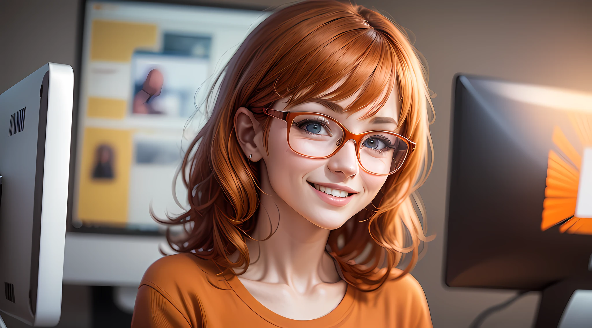a character 27 year old woman wearing beautiful orange glasses and smiling wearing a plain orange knit t-shirt, very short and spiky orange brown hair, working an advertising agency with orange walls, blurred background, looking at the monitor of an iMac, smiling, cinematic lighting, shallow depth of field, 8k uhd, dslr, 35 mm 1.8 lens,  masterpiece, high quality, photorealistic, realism, hyperrealism, art photography --auto --s2