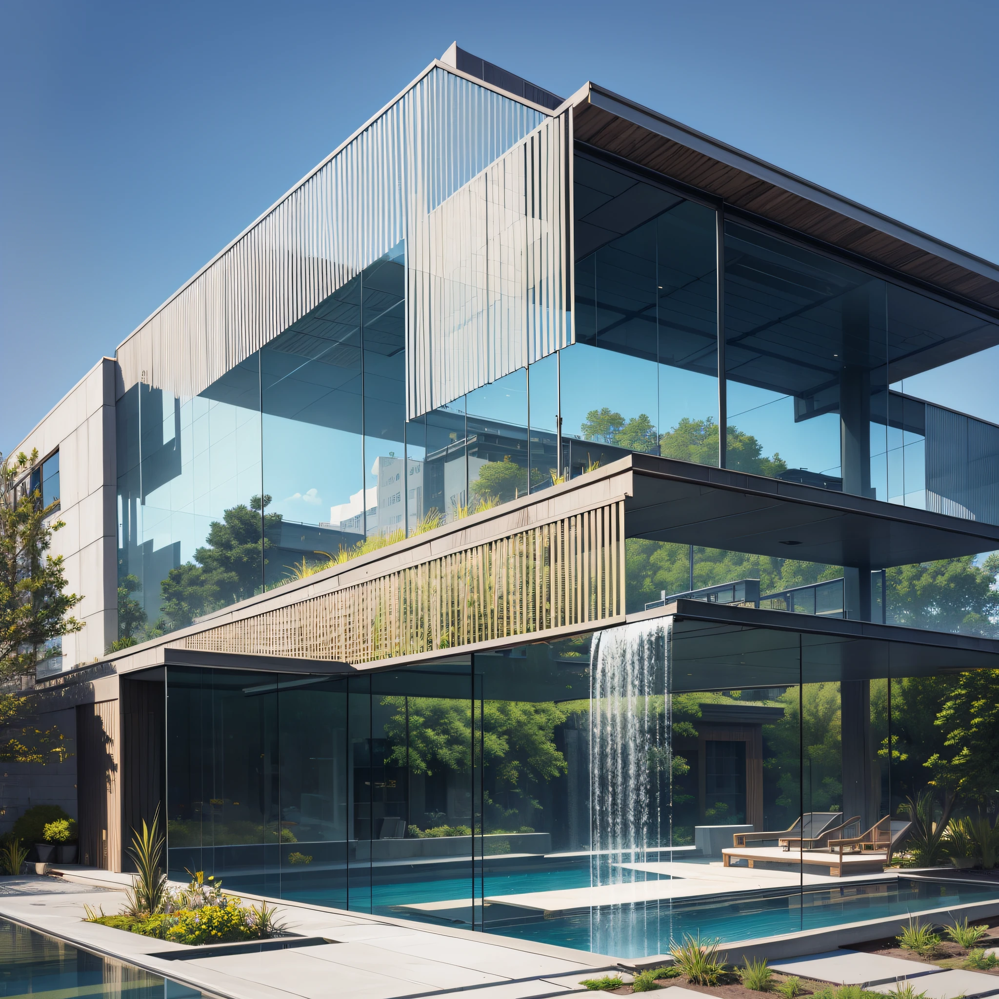 Metal and glass architecture, 3-storey building with walkway, reflecting pool and waterfall --auto --s2