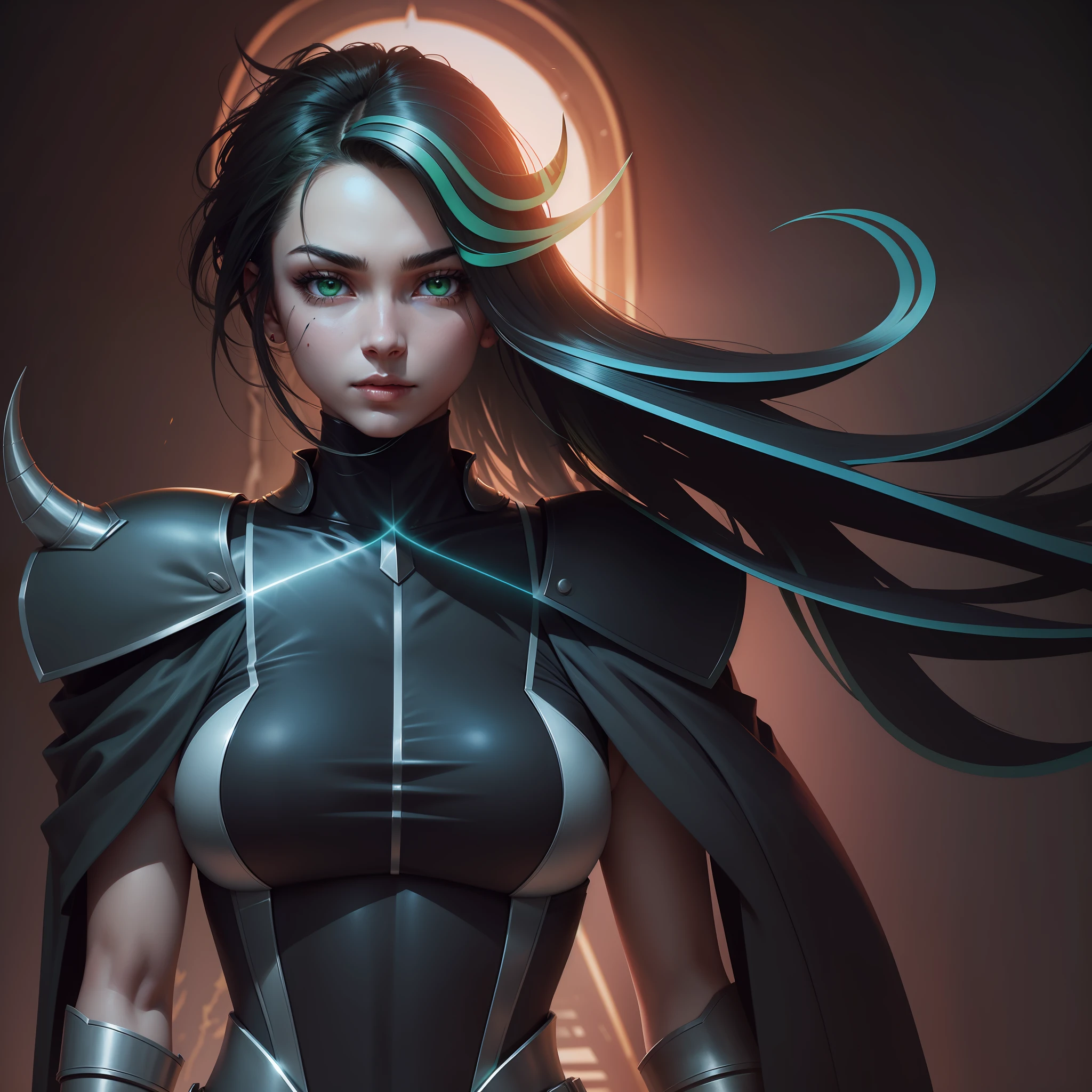 Make the eyebrows thicker, and change the color of the eyes to yellow, leave the green locks in her hair with a more subtle and more hair-like appearance, change the piece of armor that is on the shoulders, to a matte metal texture in green color, and the horn that comes out of the shoulder leave in matte silver metal texture, Appearing behind the hair, leave the neck with skin texture brighter, and change the color of the cover to red, the rest can leave exactly the same.
