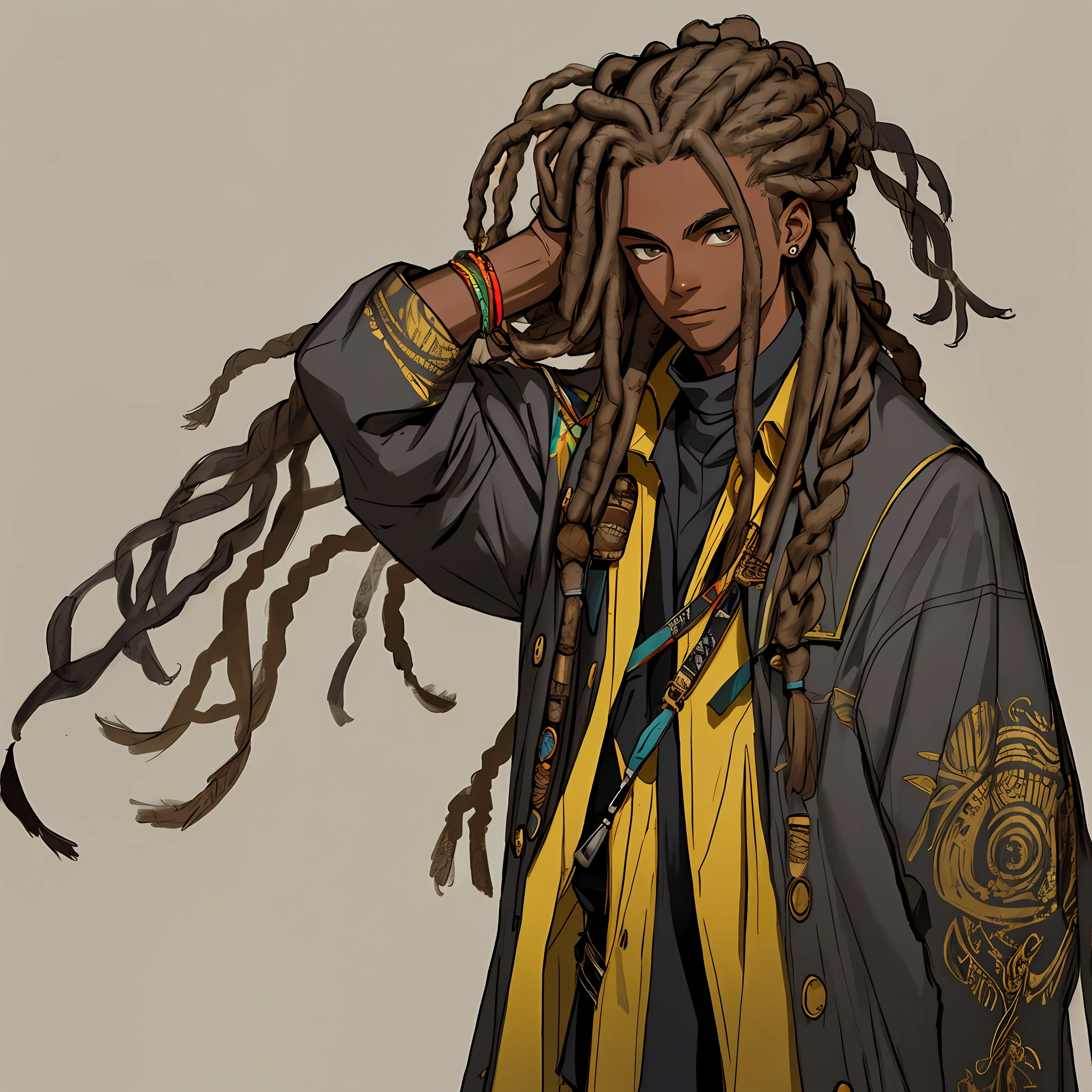 Solo, 1boy, hair dreadlocks, dark skin, coat, portrait