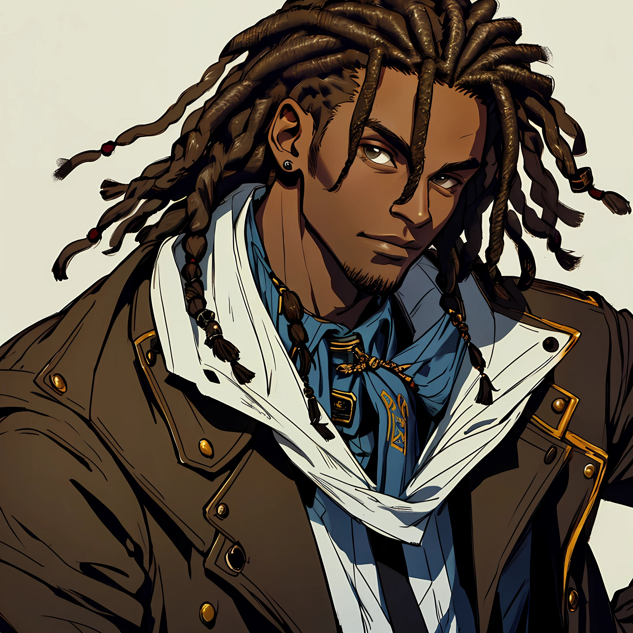 Solo, 1boy, short hair dreadlocks, dark skin, coat, portrait