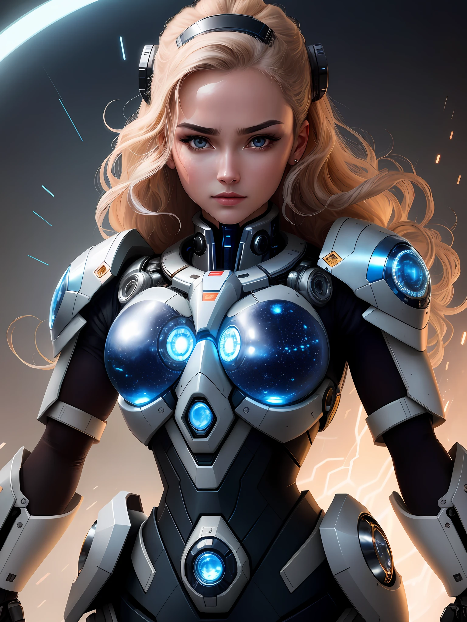 Woman with a striking face, divided into two distinct parts. One side is human skin, with facial features such as expressive eyes, defined eyebrows, nose and lips. The other side is robotic, composed of metallic materials, geometric lines and a shiny surface. There may be visible technological details, such as gears, circuits, or lights. The woman looks directly at the camera, with a piercing and intense gaze. His expression can reveal a combination of determination, mystery, and perhaps a touch of vulnerability. The eyes can convey contradictory emotions such as curiosity and serenity, while the robotic face can convey a sense of distance or coldness. The lighting of the image can be dramatic, with a play of light and shadows that emphasizes the contrasts between the human and robotic elements of the face. There may be a direct light focusing on the woman's face, highlighting her facial features and creating a certain glow in the metallic details. The background of the image can be cyberpunk, keeping the main focus on the woman, allowing the woman's face to be the central point. The image can convey a futuristic atmosphere, combining elements of advanced technology with human presence. There may be a slight touch of mystery or tension in the air, evoking questions about the nature of existence and the place of humans in an increasingly automated world. The image can depict a smooth, metallic surface on the robotic side of the face, with a cool appearance to the touch. On the other hand, the human side of the face can have the smooth, warm texture of the skin, with subtle frown lines or visible pores. This contrast of textures can add visual depth to the image, (realistic, photo-realistic: 1.37), amazing, finely detailed, masterpiece, best quality, official art, extremely detailed CG unit 8k wallpaper, absurd, incredibly absurd, robot, no nudity