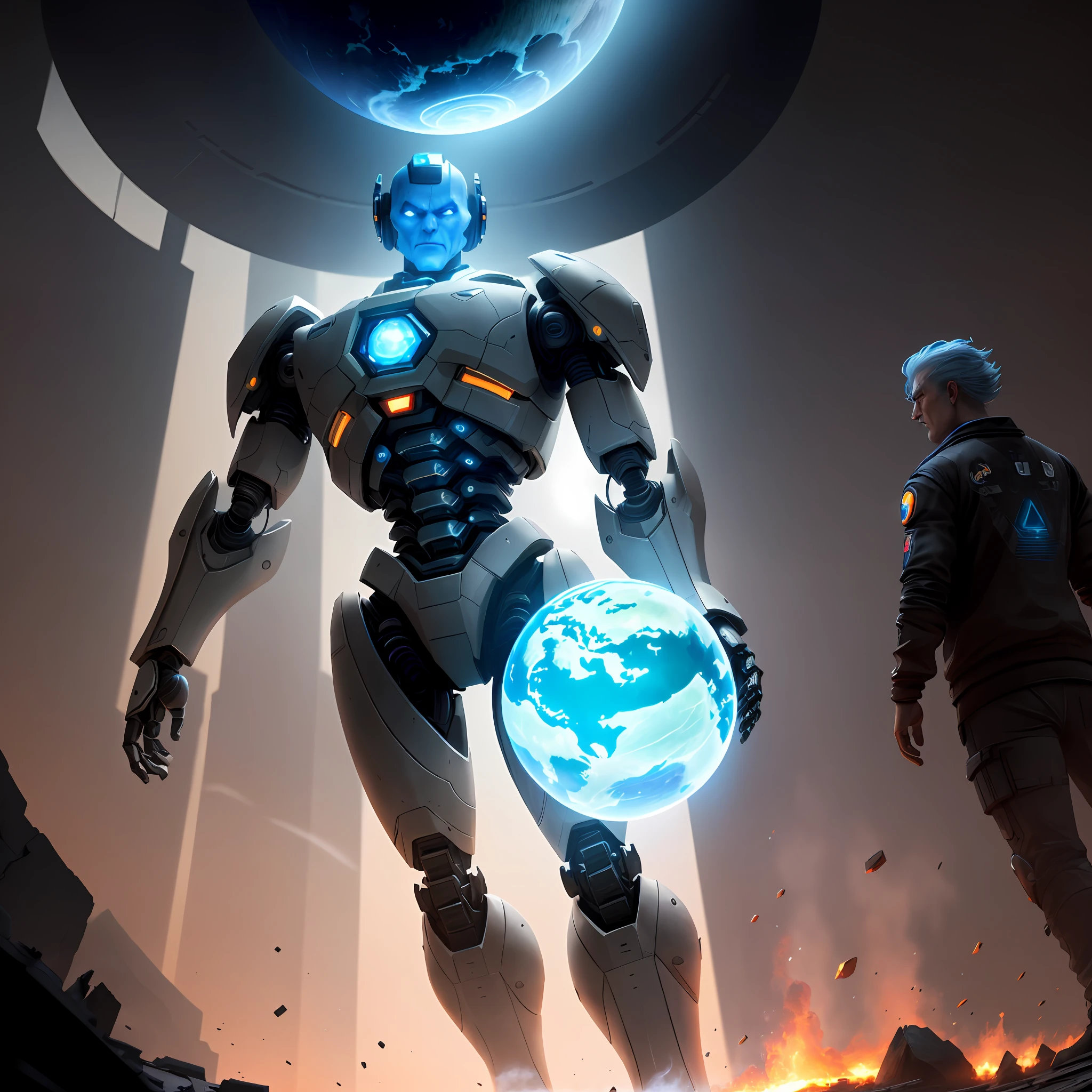 Robot with humanoid A.I., very bad, holding the destroyed planet earth in his hand, serious, evil, looking at the camera, low angle, (from_below:1.5), cosmic background, cinematic 8k hd, highly detailed, highly realistic octane render trend artstation, dynamic light