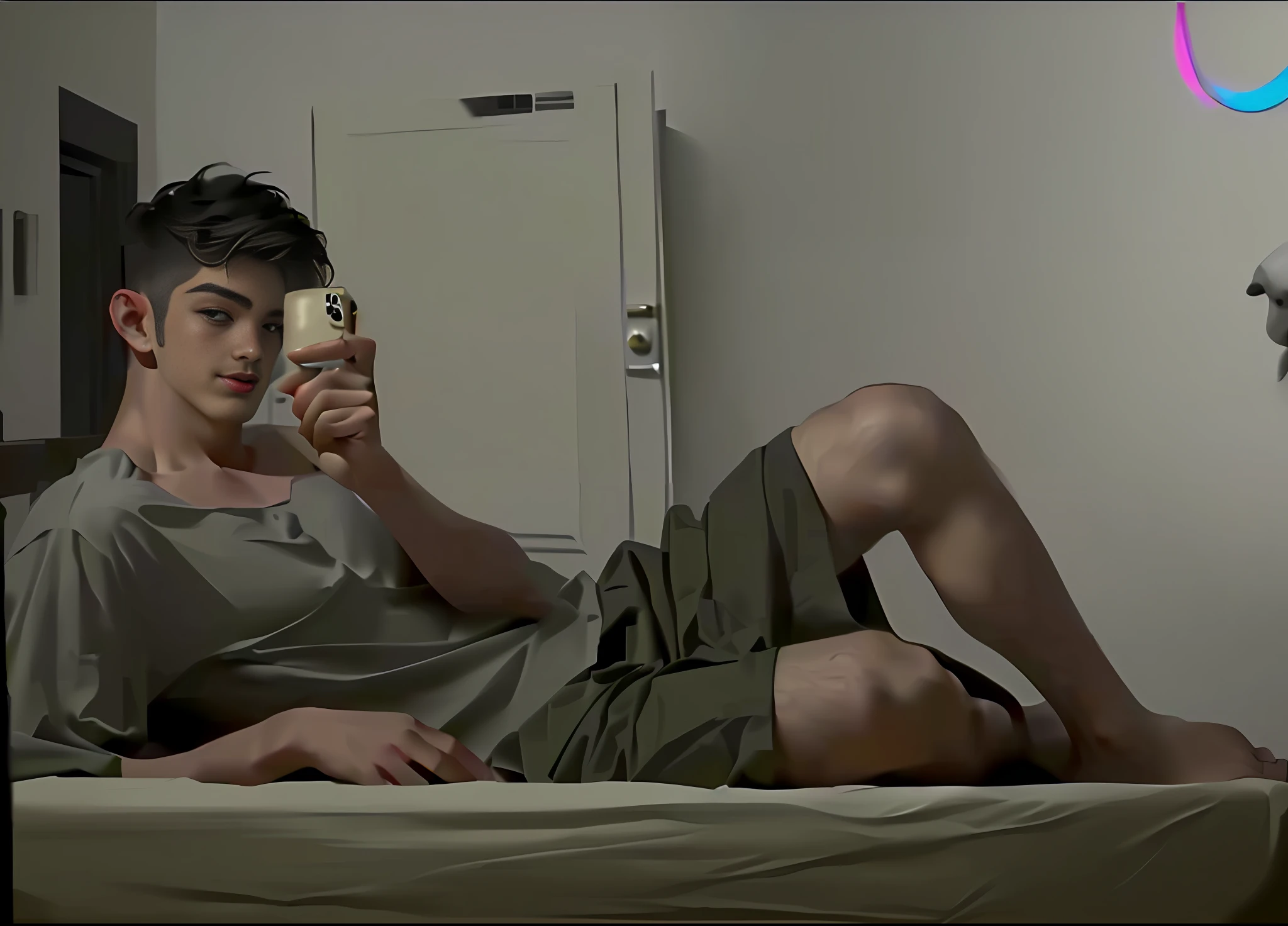 Cat-eared handsome guy, lying on the bed, charming face, big protrusion