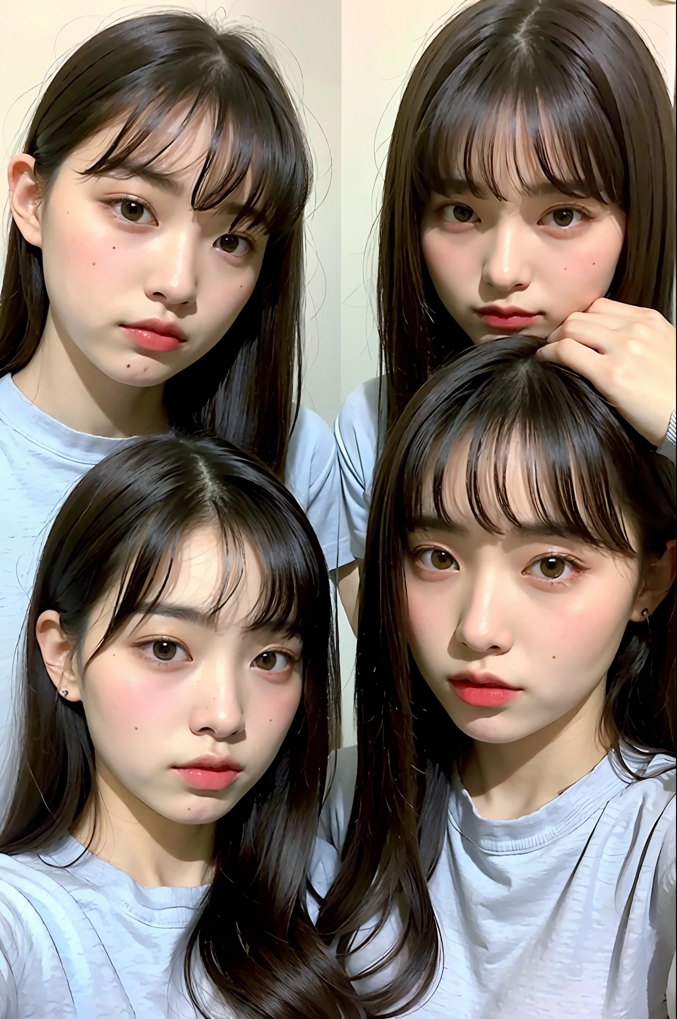 Identical twin sisters, , bangs