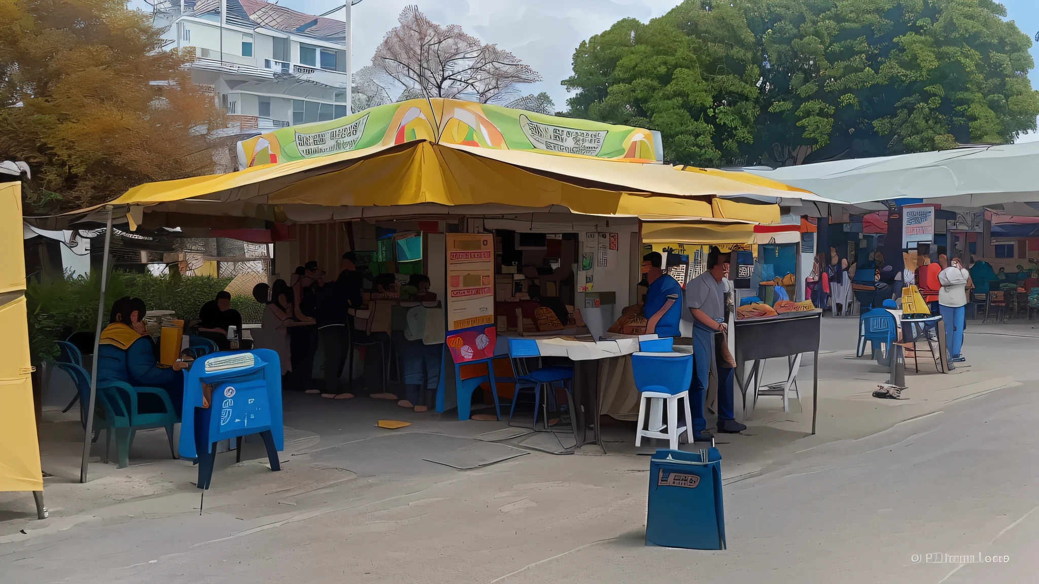 there are many people sitting at tables under a yellow tent, food stalls, food stall, with street food stalls, some stalls, food court, marquees, by Amelia Peláez, yellow awning, merchants' stalls, Armenia Quindio town, trailer, by Gina Pellón, vendors