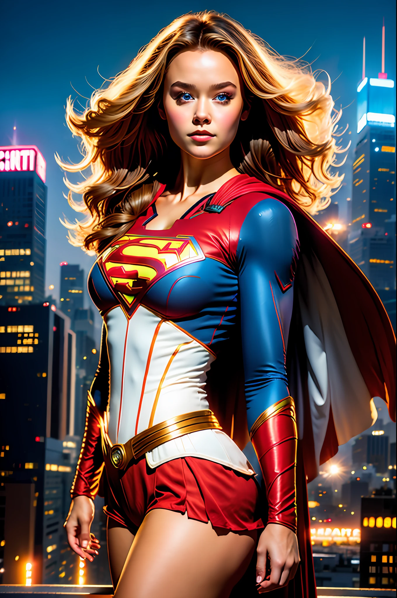 Brec Bassinger big breasts, big ass, posing for a photo,(wearing supergirl_cosplay_outfit,white and red clothing: 1.3), good hand,4k, high resolution, masterpiece, best quality, head:1.3,((Hasselblad photography)), finely detailed skin, sharp focus, (cinematic lighting), collarbone, night, soft lighting, dynamic angle, [:(face detailed:1.2):0.2],(((city background)))), outside,in the city neon night