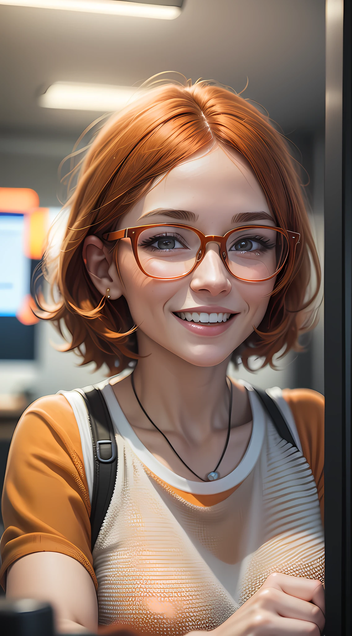 a character 27 year old woman wearing beautiful orange glasses and smiling wearing a plain orange knit t-shirt, very short and spiky orange brown hair, working an advertising agency with orange walls, blurred background, looking at the monitor of an iMac, smiling, cinematic lighting, shallow depth of field, 8k uhd, dslr, 35 mm 1.8 lens, masterpiece, high quality, photorealistic, realism, hyperrealism, art photography --auto --s2