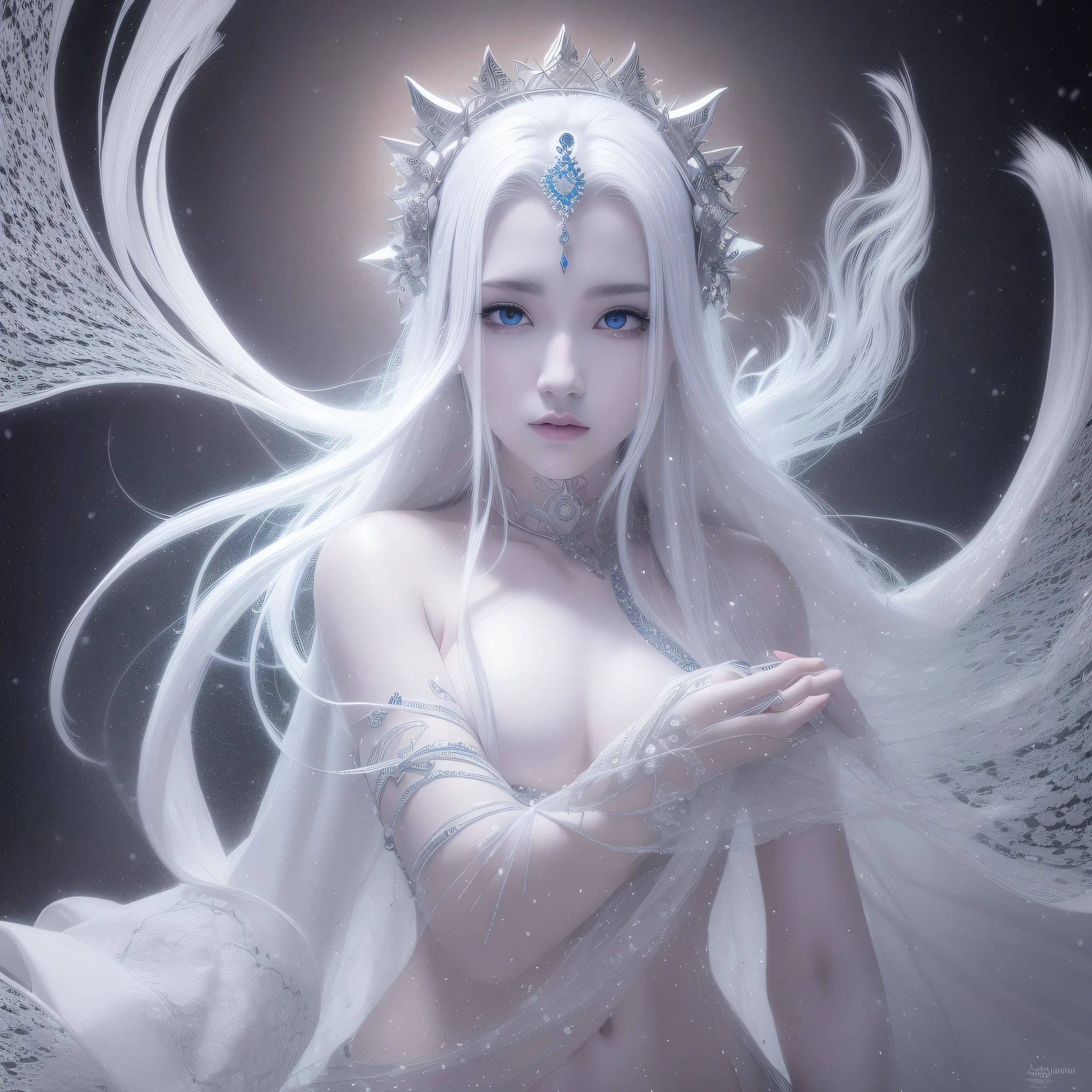 ((Snow and wind were blowing violently on the night of the blizzard)) the snow spirit appeared, The spirit is very beautiful, wearing a white kimono, the skin is translucent white, the hair is long and black, the eyes shine blue, and the strong wind is violently shaking the long black hair of the spirit, In the dark, Only the genie is illuminated, very fantastic, the genie is pure white and beautiful face, lonely pale face, eyes look lonely, white dragon background in a blizzard Interweave mandalas with photorealistic, zentangle, watercolor, wet-on-wet or splatter techniques, full shot, center, perfect composition, abstract, surrealism, masterpiece, highest quality, ultra detail, HDR, 8K
